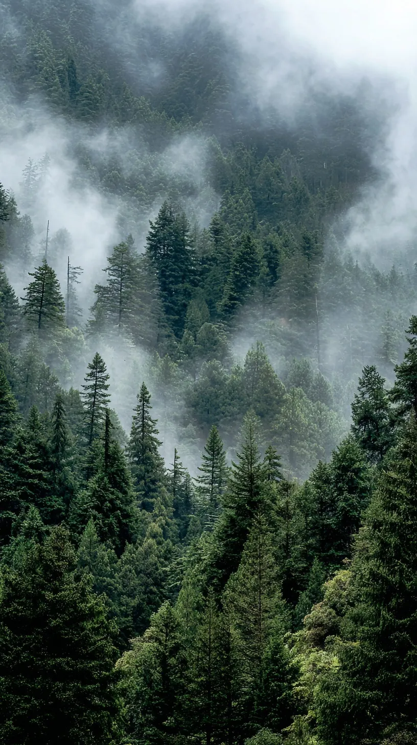 Moody green forest landscape with atmospheric mist and towering trees, perfect for a high-quality 4K background.