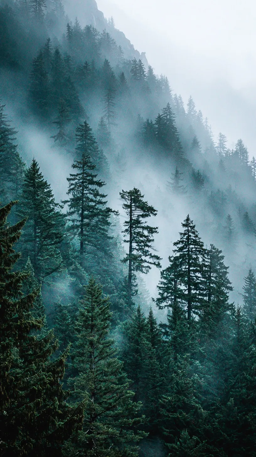 Tall pine trees in a dense, misty green forest with an ethereal and moody atmosphere.