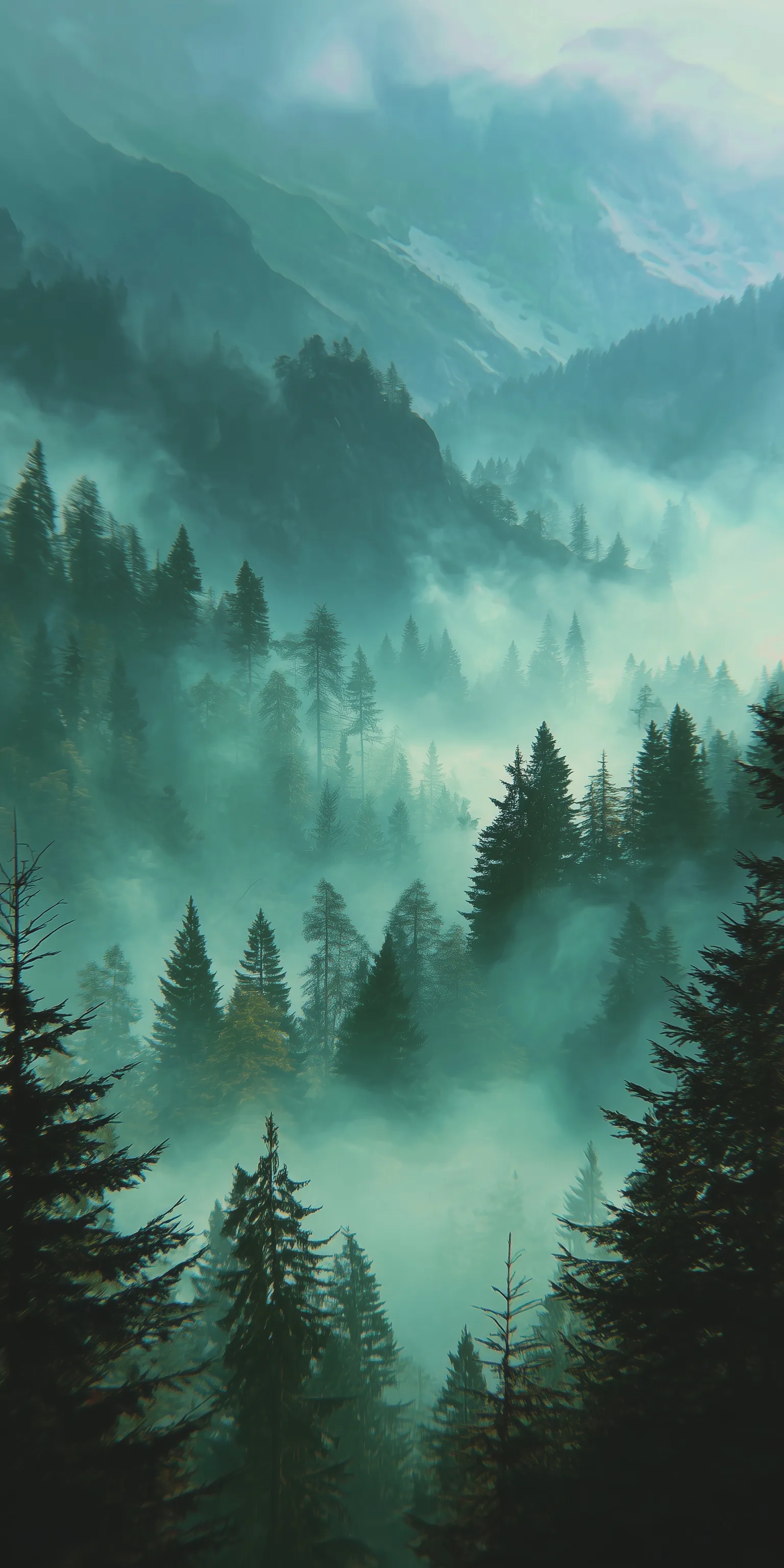 Moody dark green forest with dense pine trees and mountain mist, perfect for a high-resolution 4K phone wallpaper.