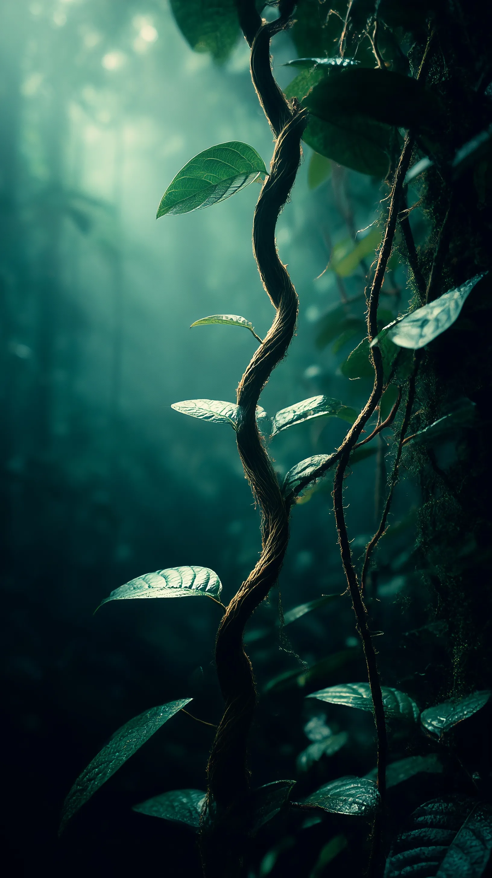 Close-up of intertwined ayahuasca vine and chacruna leaves in a misty, dark green moody Amazon jungle forest.