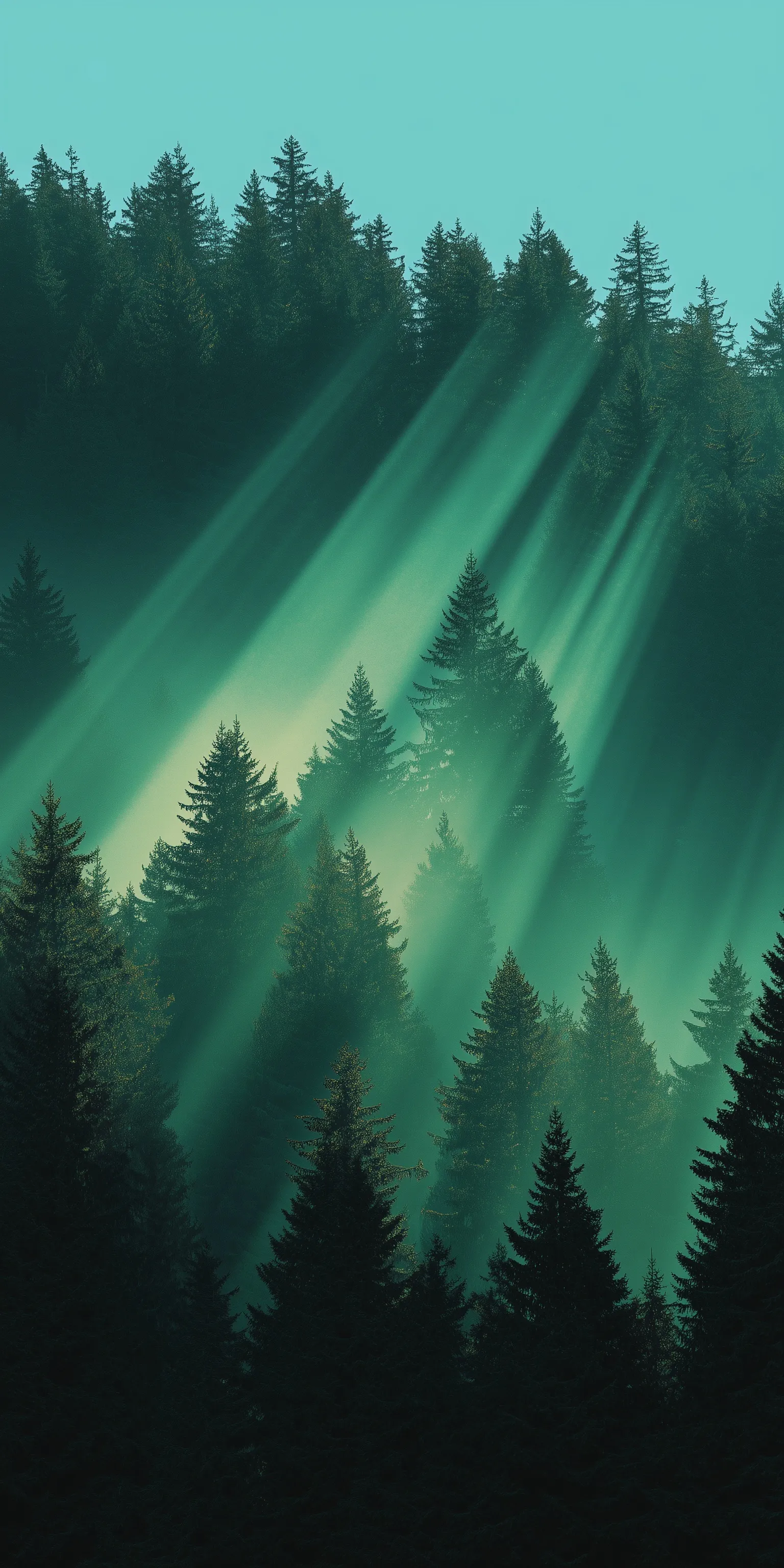 Ethereal dark moody green forest with glowing light beams, fog, and floating particles in 4K resolution.