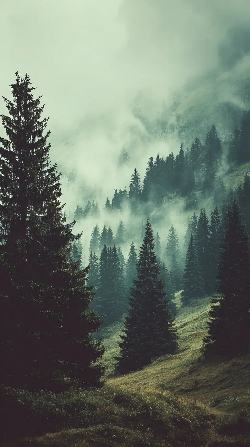 Misty vintage fir forest landscape with moody dark green tones and minimalist copy space for aesthetic background.