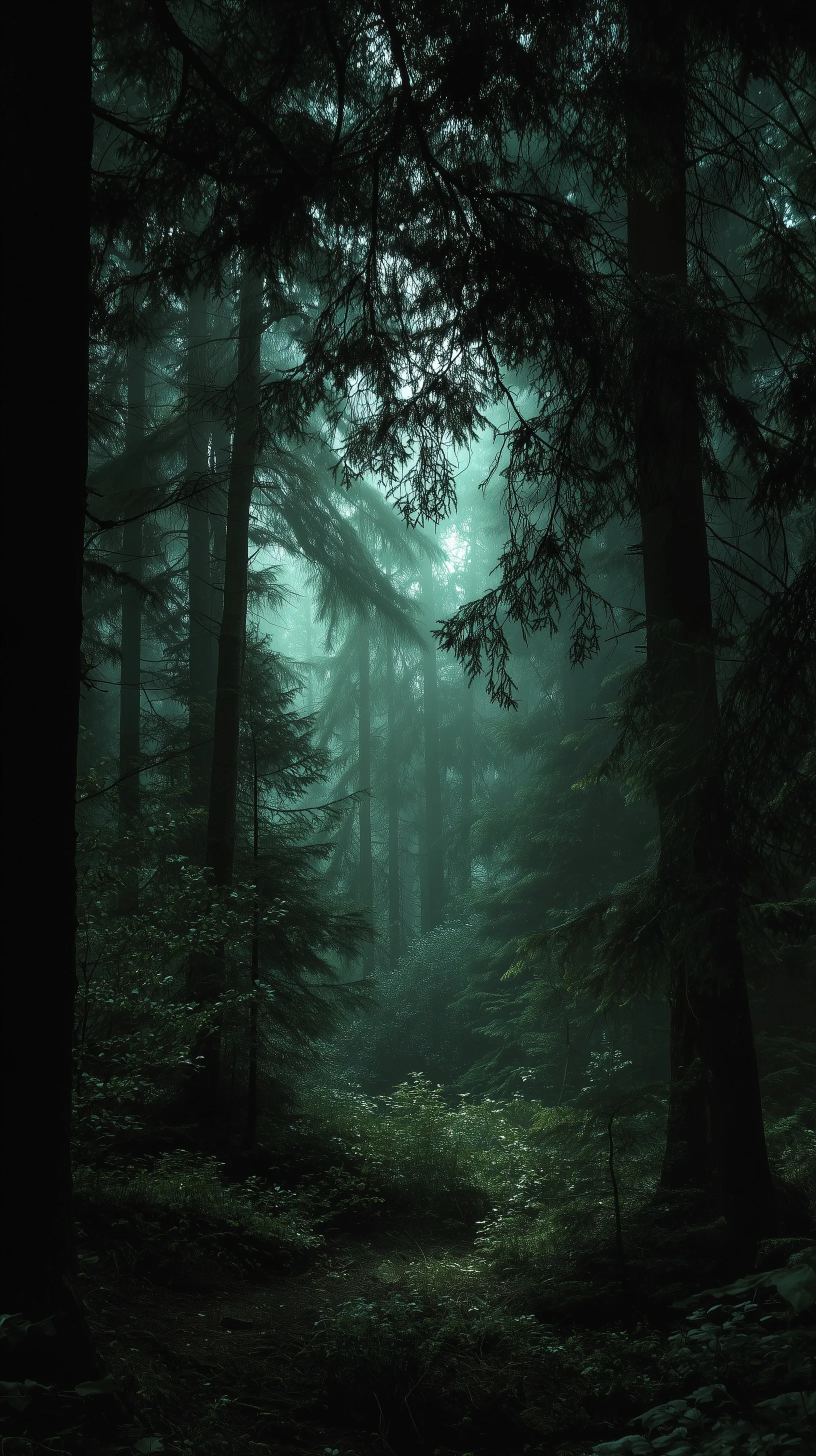 Moody dark forest background with dense misty trees, deep green foliage, and cinematic ethereal light rays.