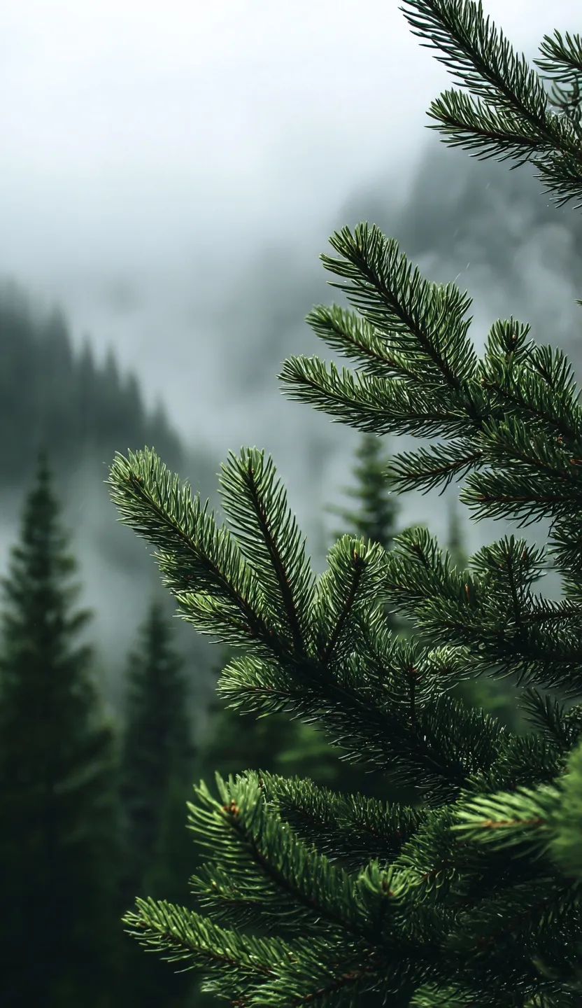 Close-up of pine branches against misty mountains, a dark moody forest scene perfect for a serene phone wallpaper.