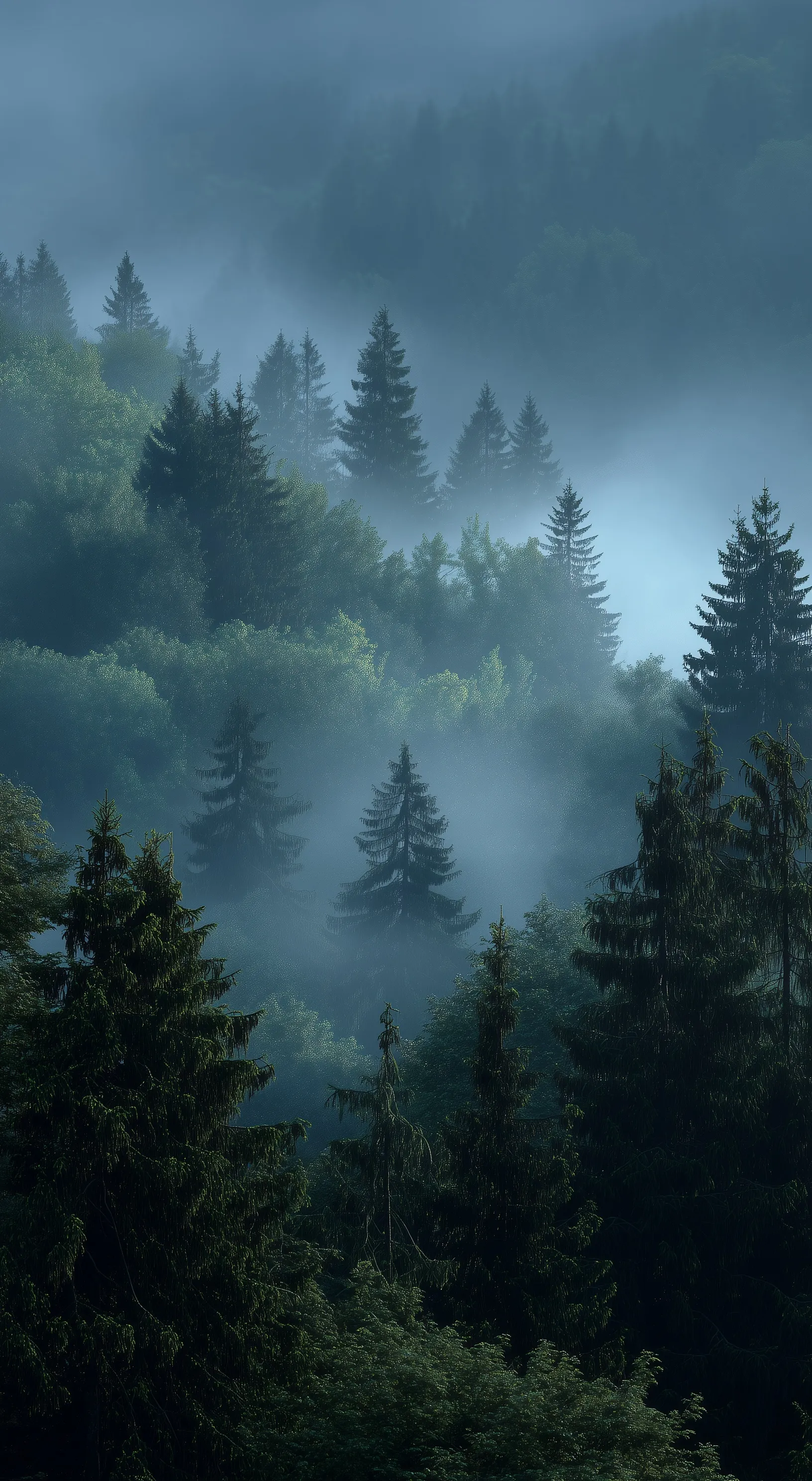 A misty, dark green forest landscape with cinematic morning light and soft fog, perfect for a high-res background.