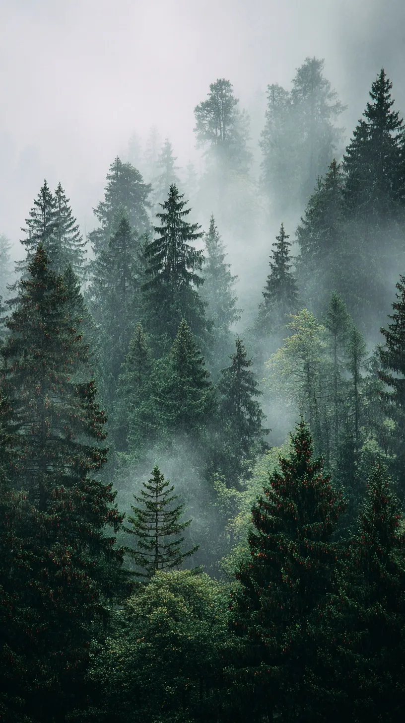 A dense, moody green forest shrouded in thick mist under an overcast sky, captured in high-resolution photography.