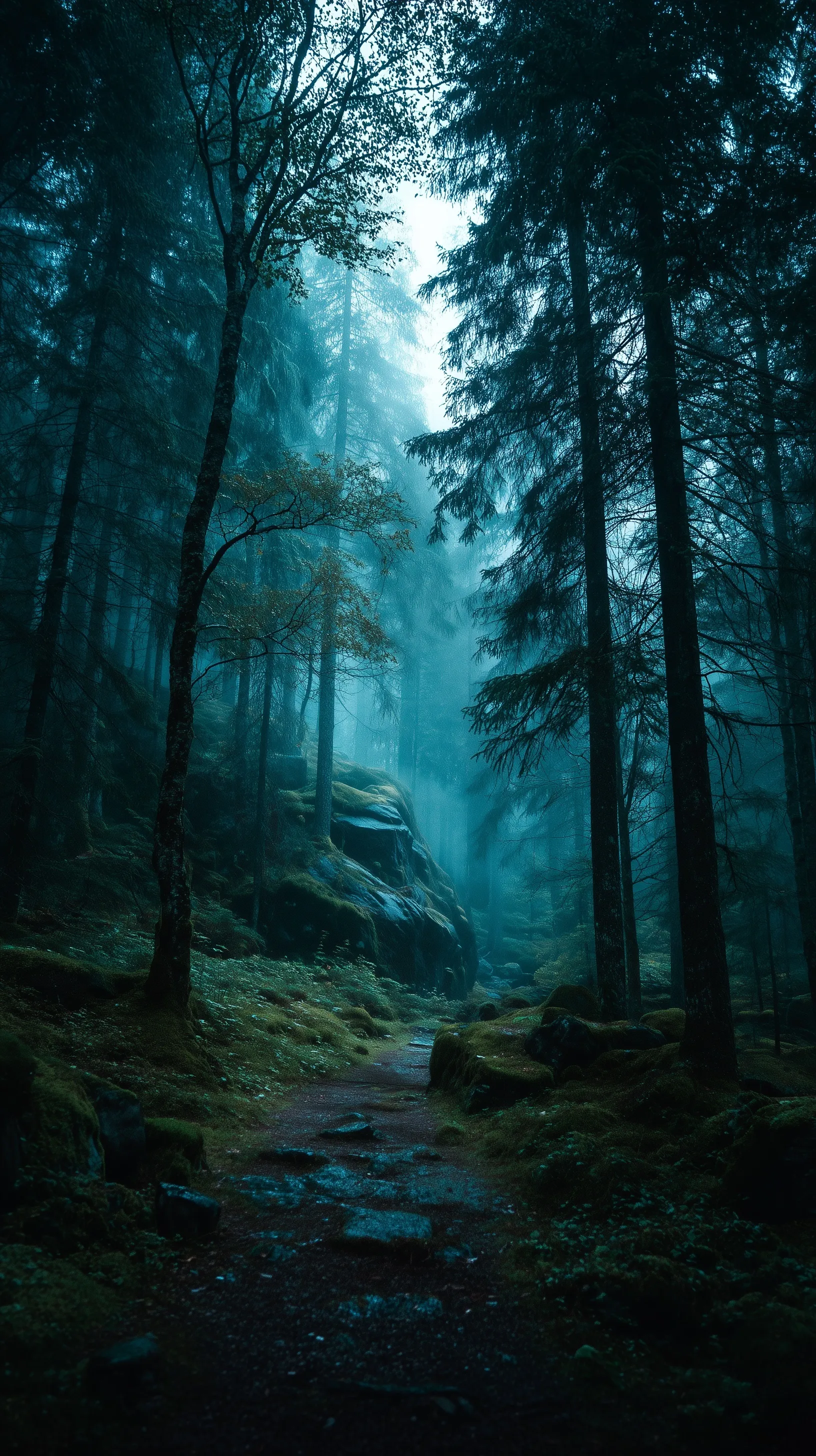 Moody dark green forest with ethereal mist at night by a fjord, perfect for 4K iPhone wallpaper.
