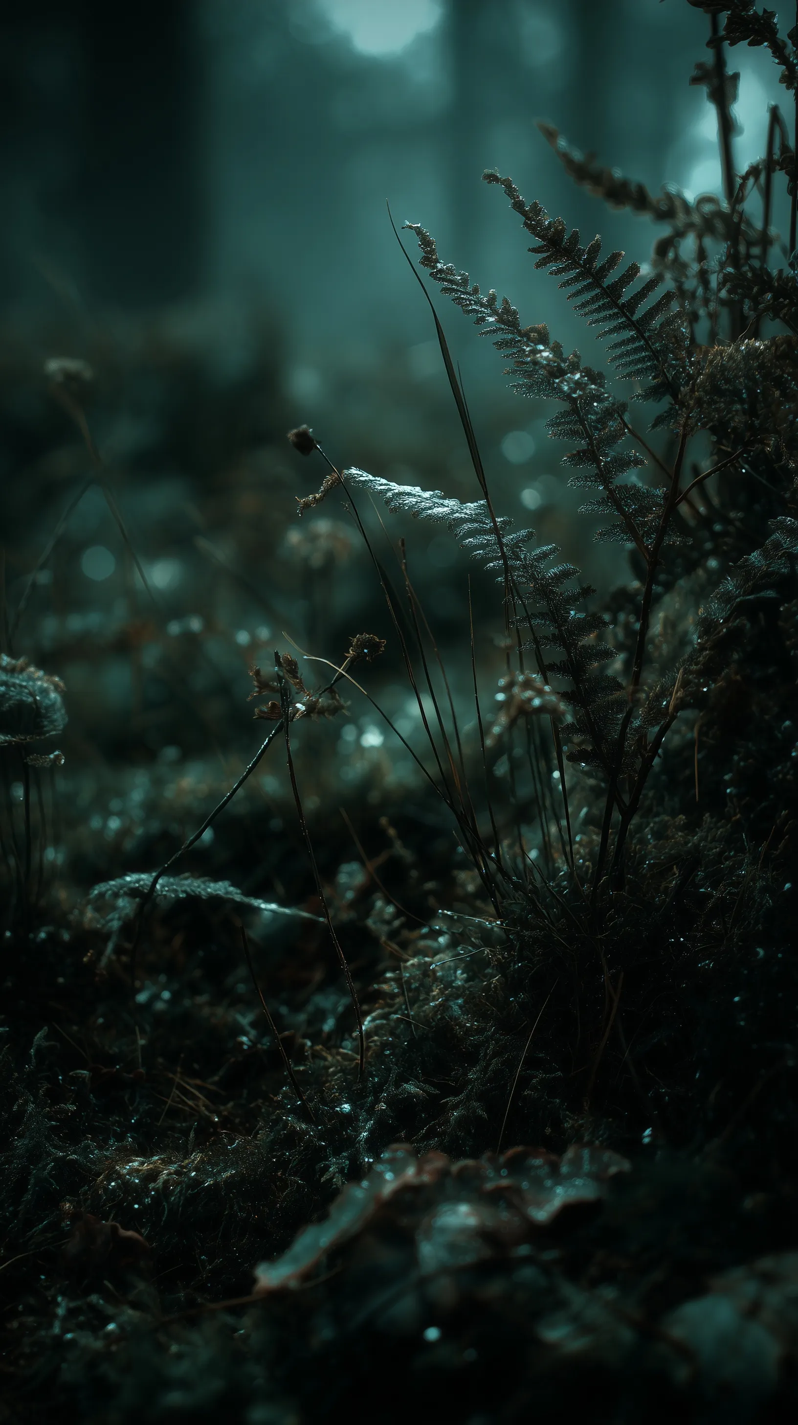 Macro close-up of lush forest ferns, moss, and curling mist in a moody dark green cinematic woodland setting.