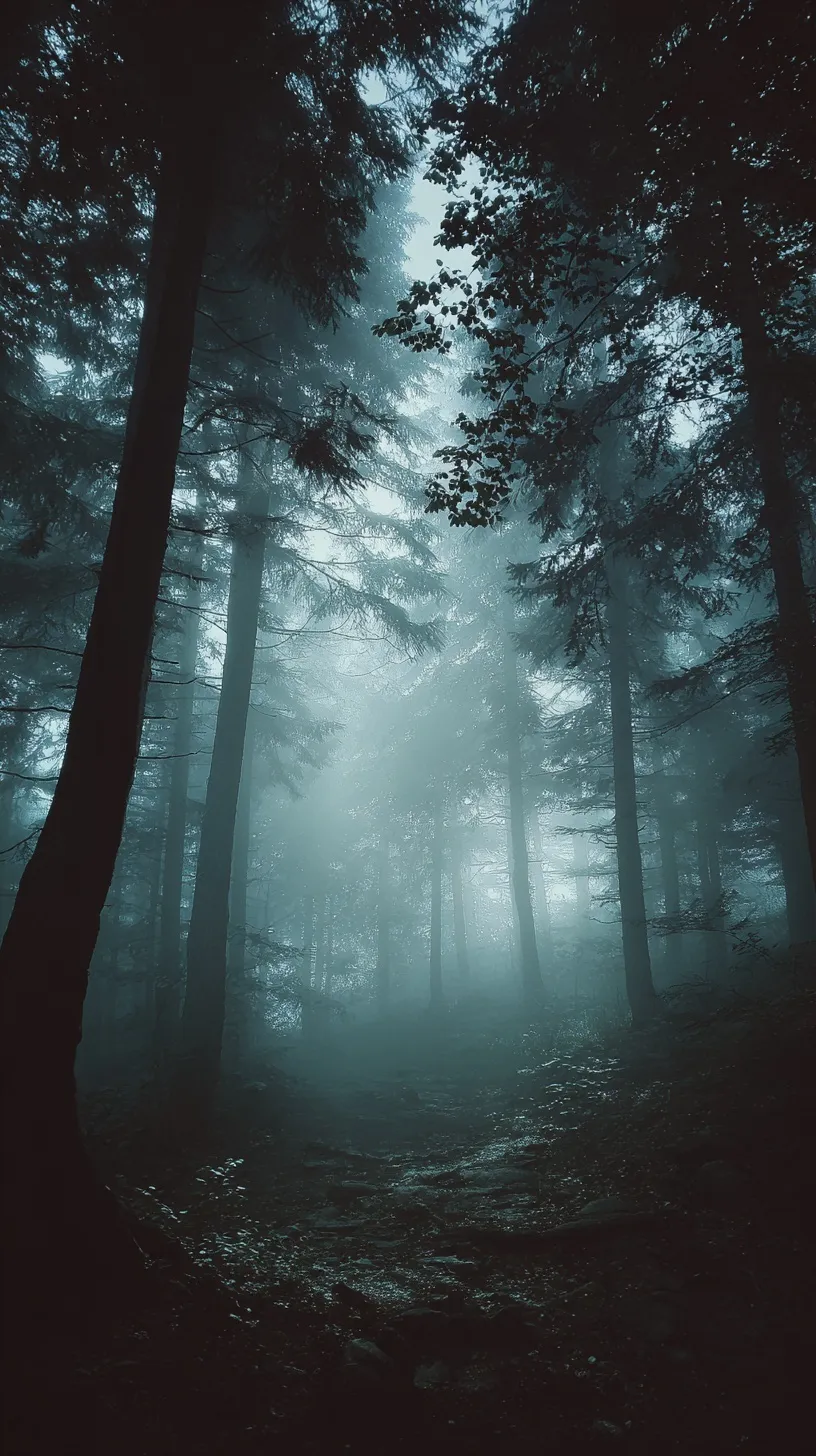 Moody dark green forest with ethereal mist and vintage 1980s cinematic atmosphere.