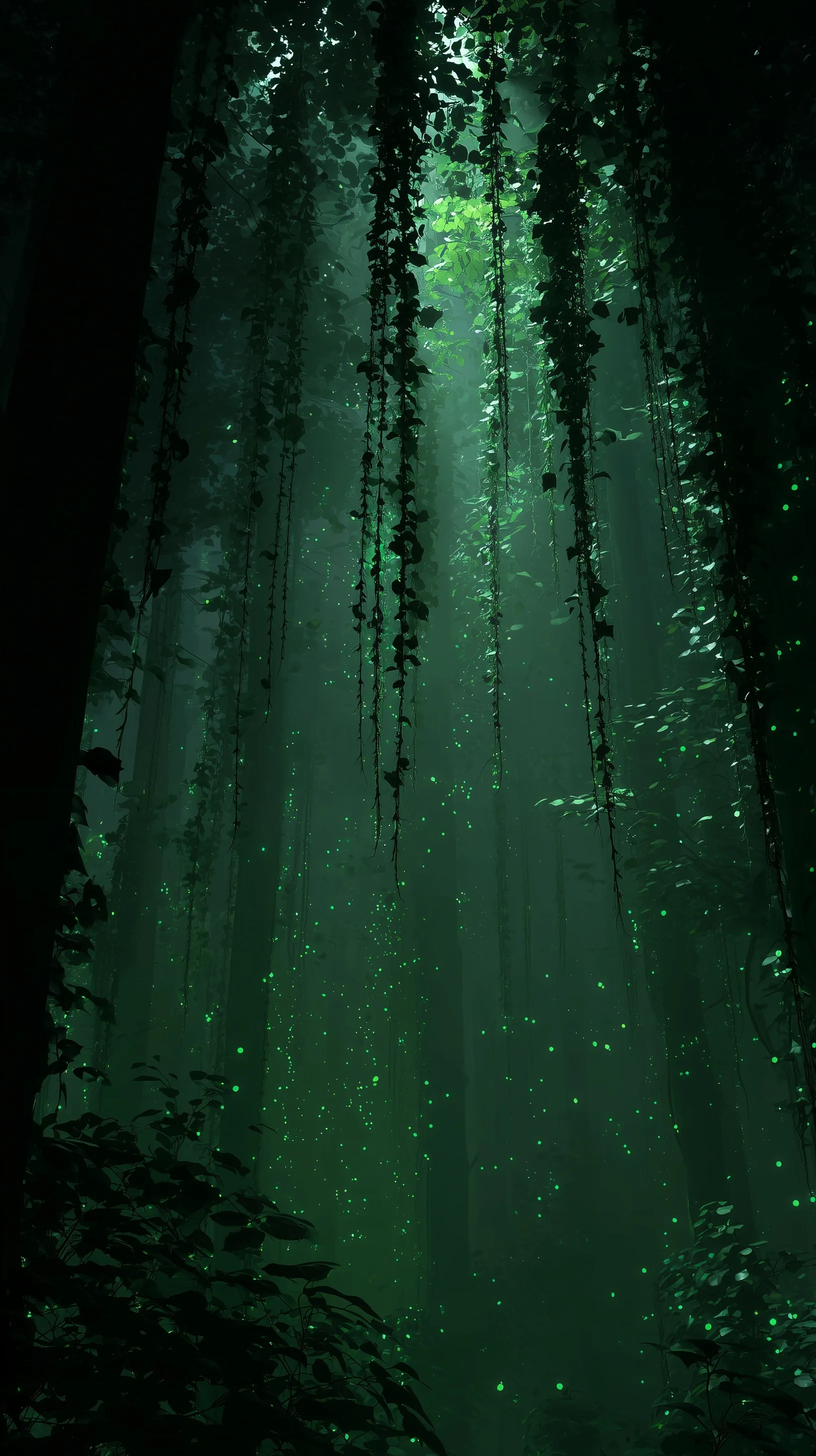 Mystical deep green forest with hanging vines, light mist, and glowing particles in a cinematic dark mood.