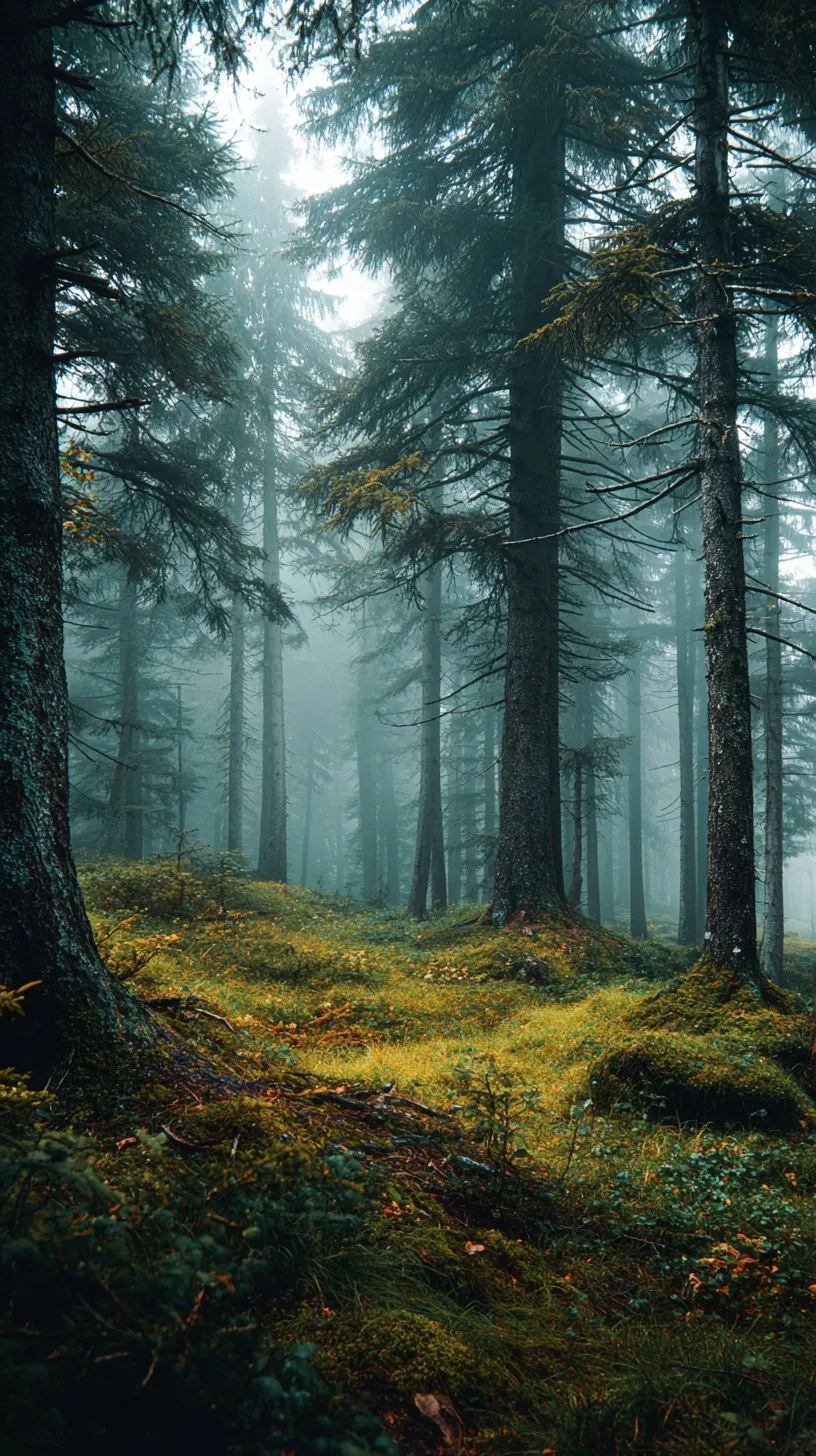A dark, moody forest scene filled with thick morning mist and lush green trees in high resolution.