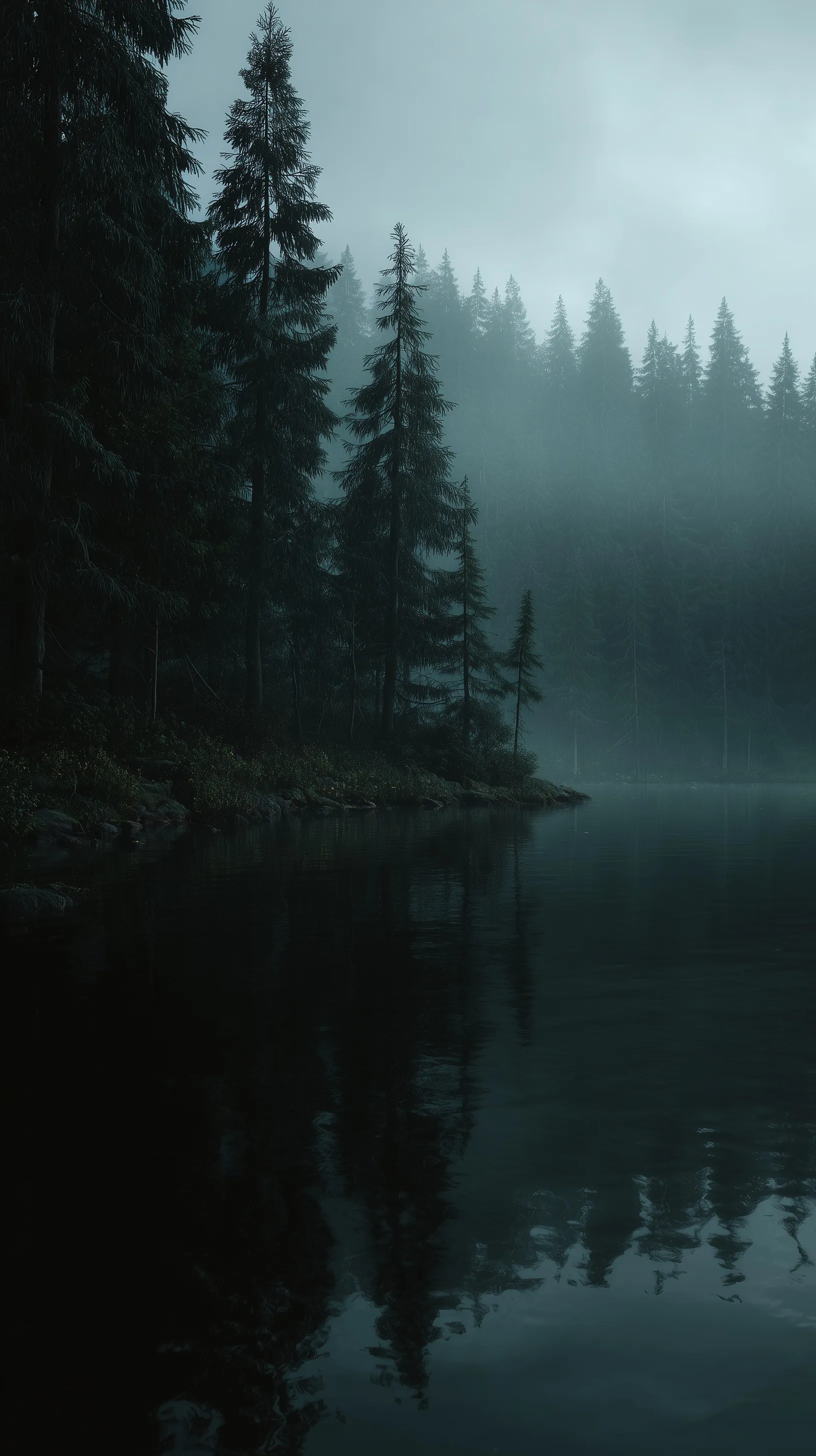 A moody, foggy forest lake at dawn with reflective conifer trees, dark green mist, and cinematic cinematic lighting.