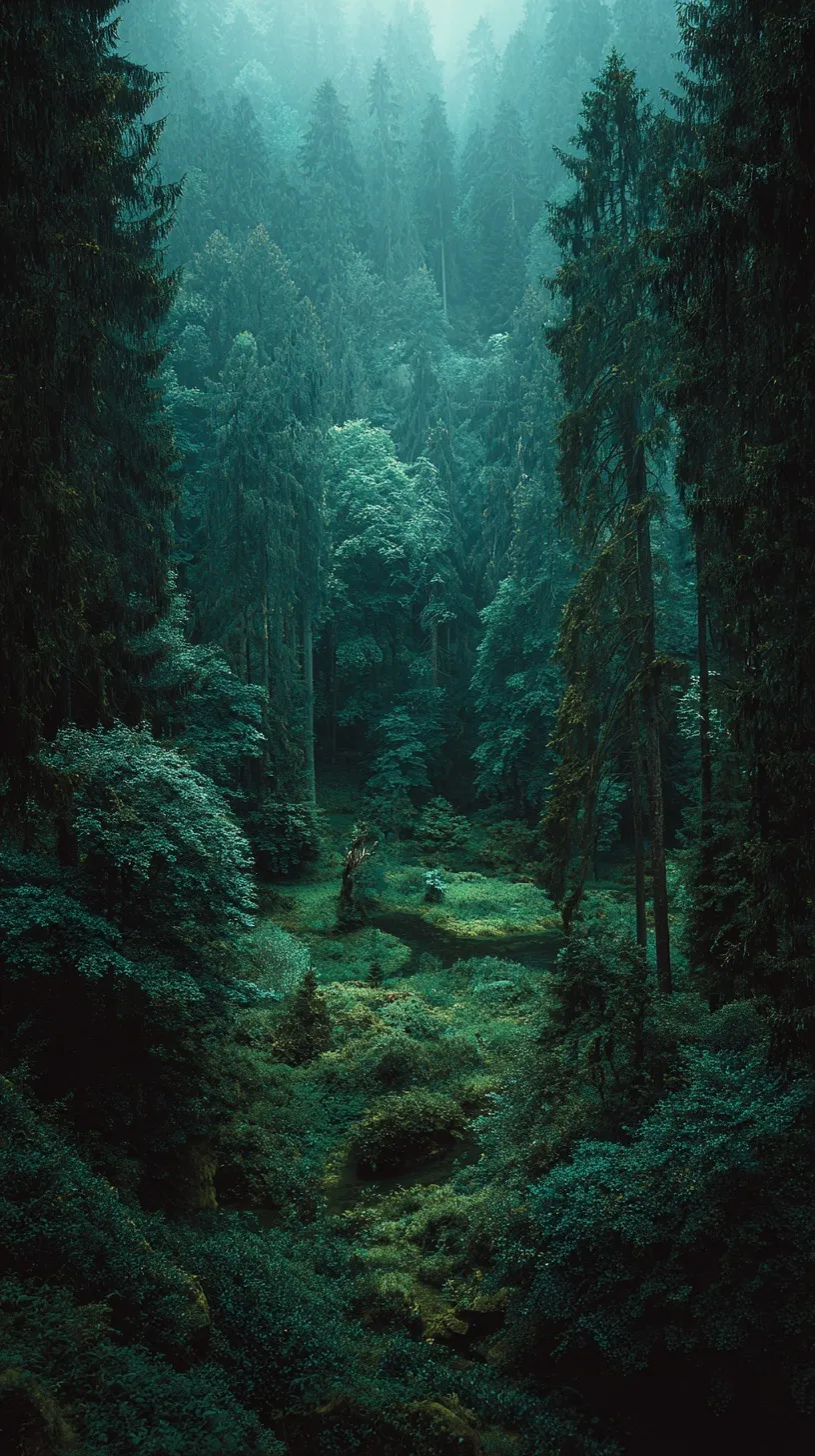Dense green forest with atmospheric mist and moody lighting in 4K resolution.