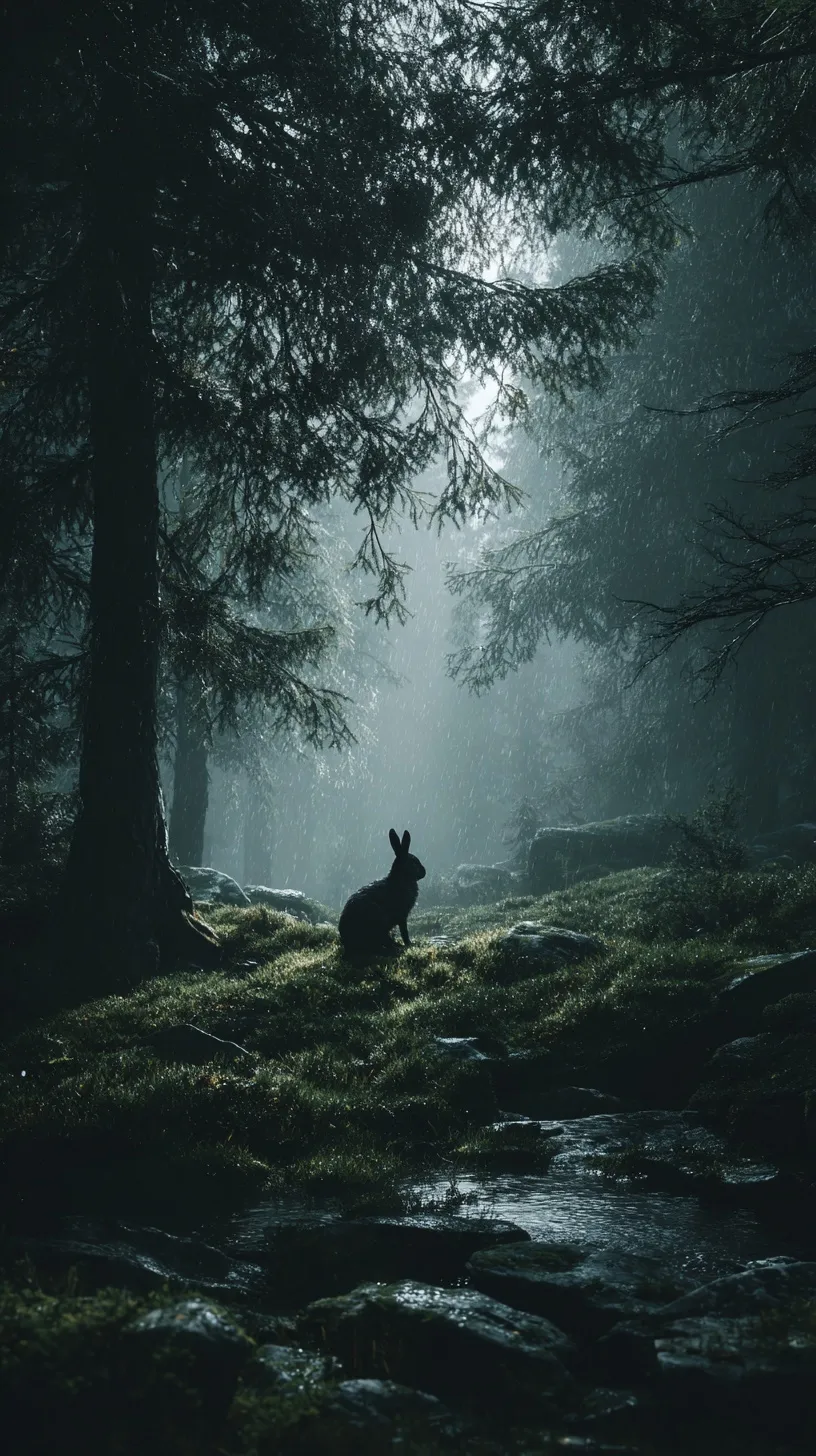 A baby fawn and rabbit in a dark, misty green forest with cinematic moody lighting and a rainy, atmospheric aesthetic.