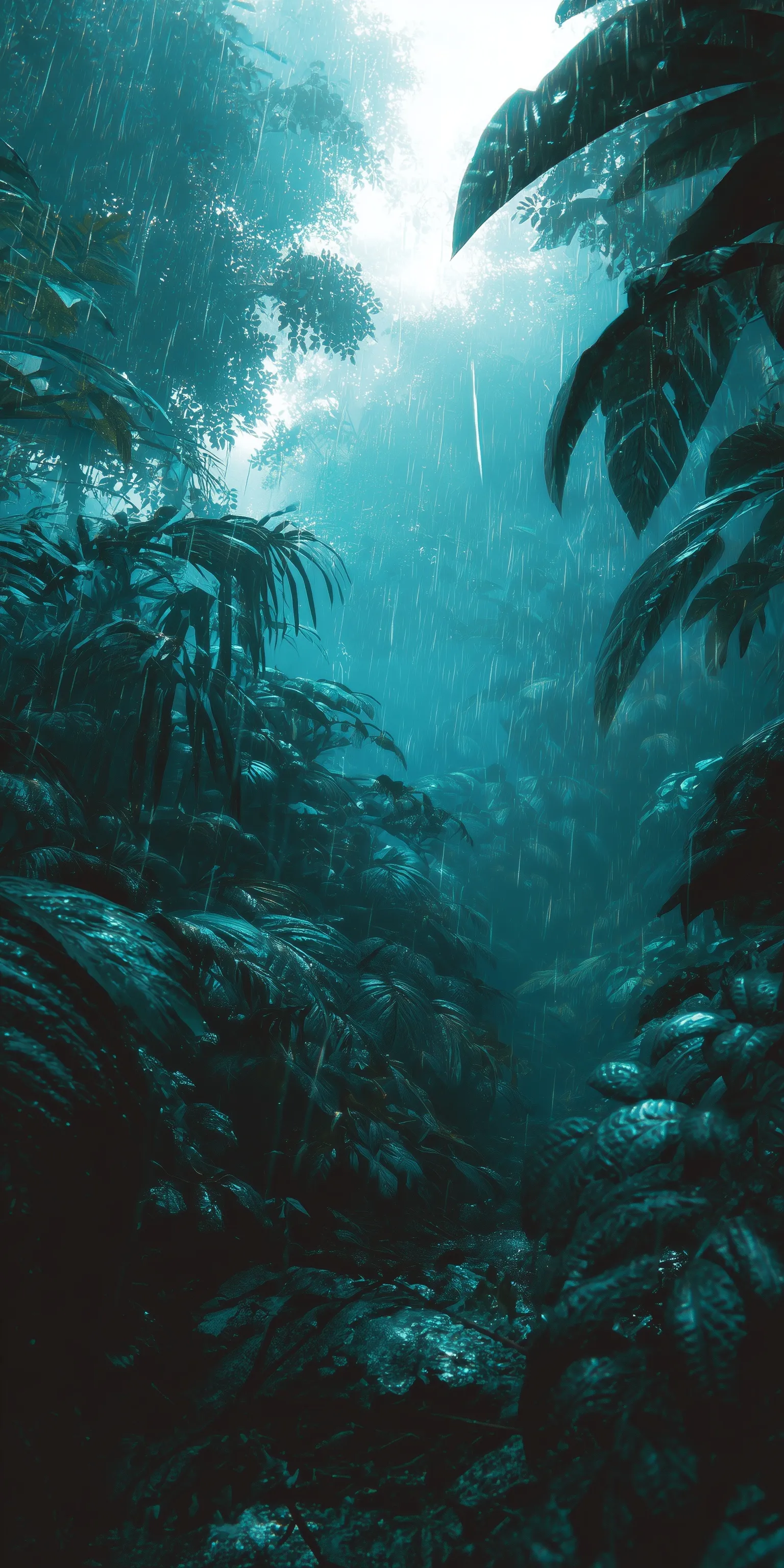 Dense moody rainforest with dripping leaves, rising mist, and deep teal foliage in a cinematic forest atmosphere.