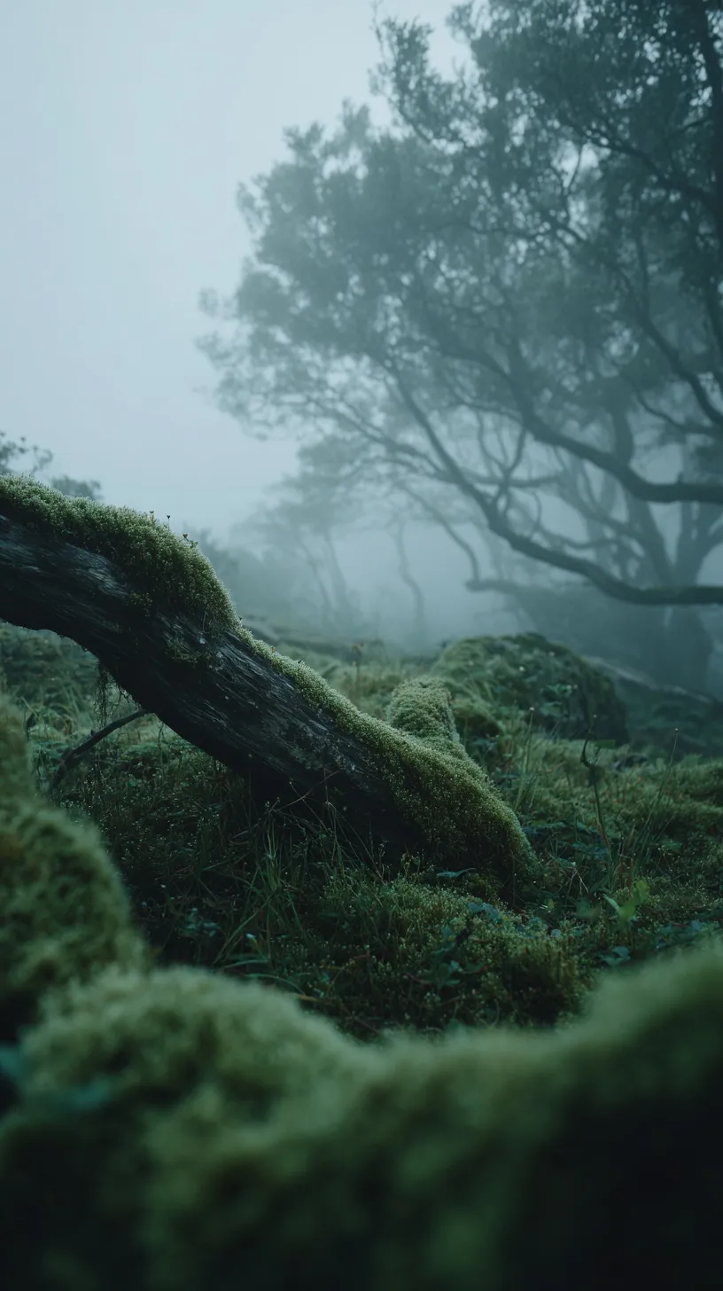 Cinematic drone view of a dark, misty laurisilva forest in Tenerife with mossy trees and ethereal white fog.