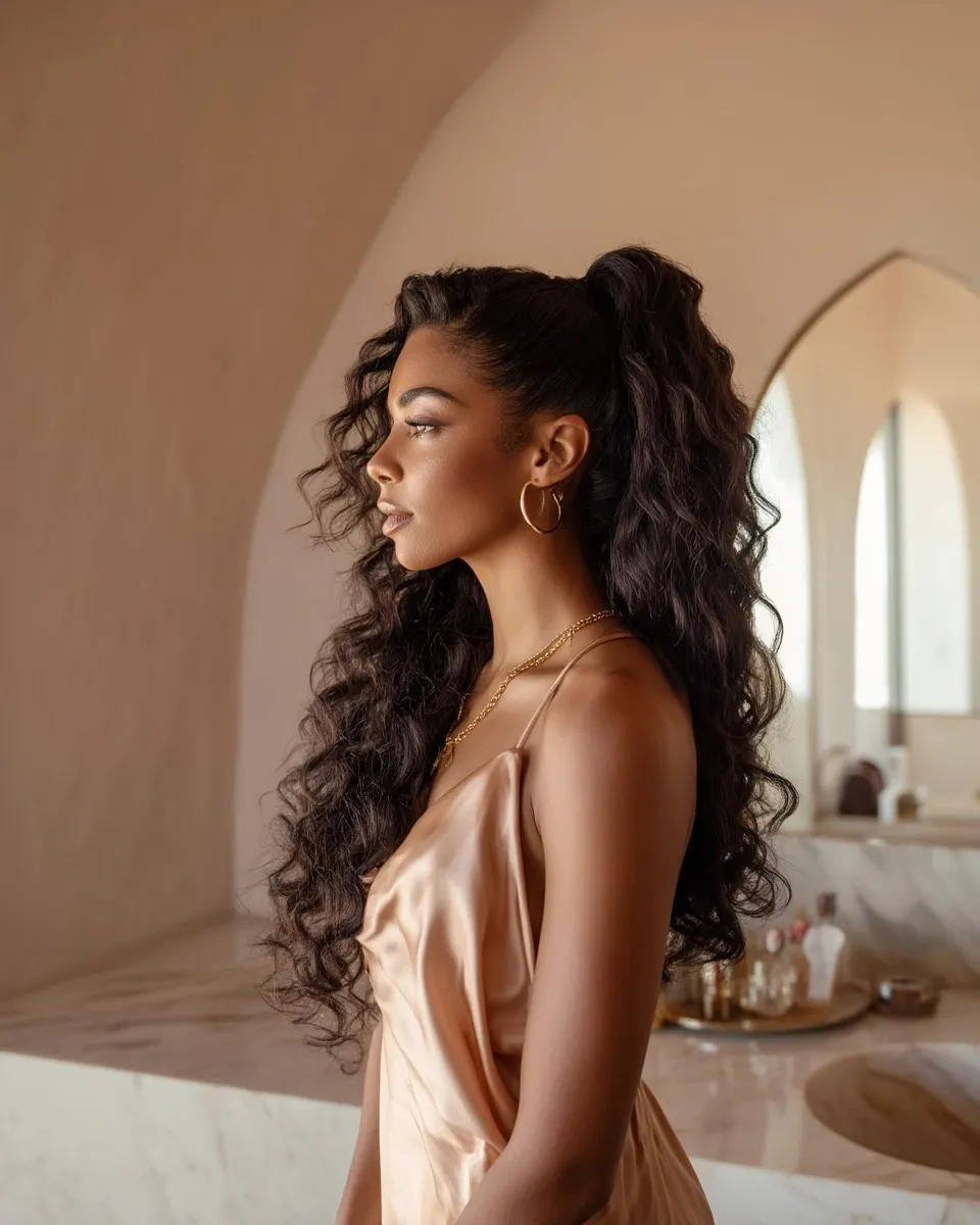 A woman with voluminous deep wave hair and a silk dress in a luxury minimalist space for a date night aesthetic.