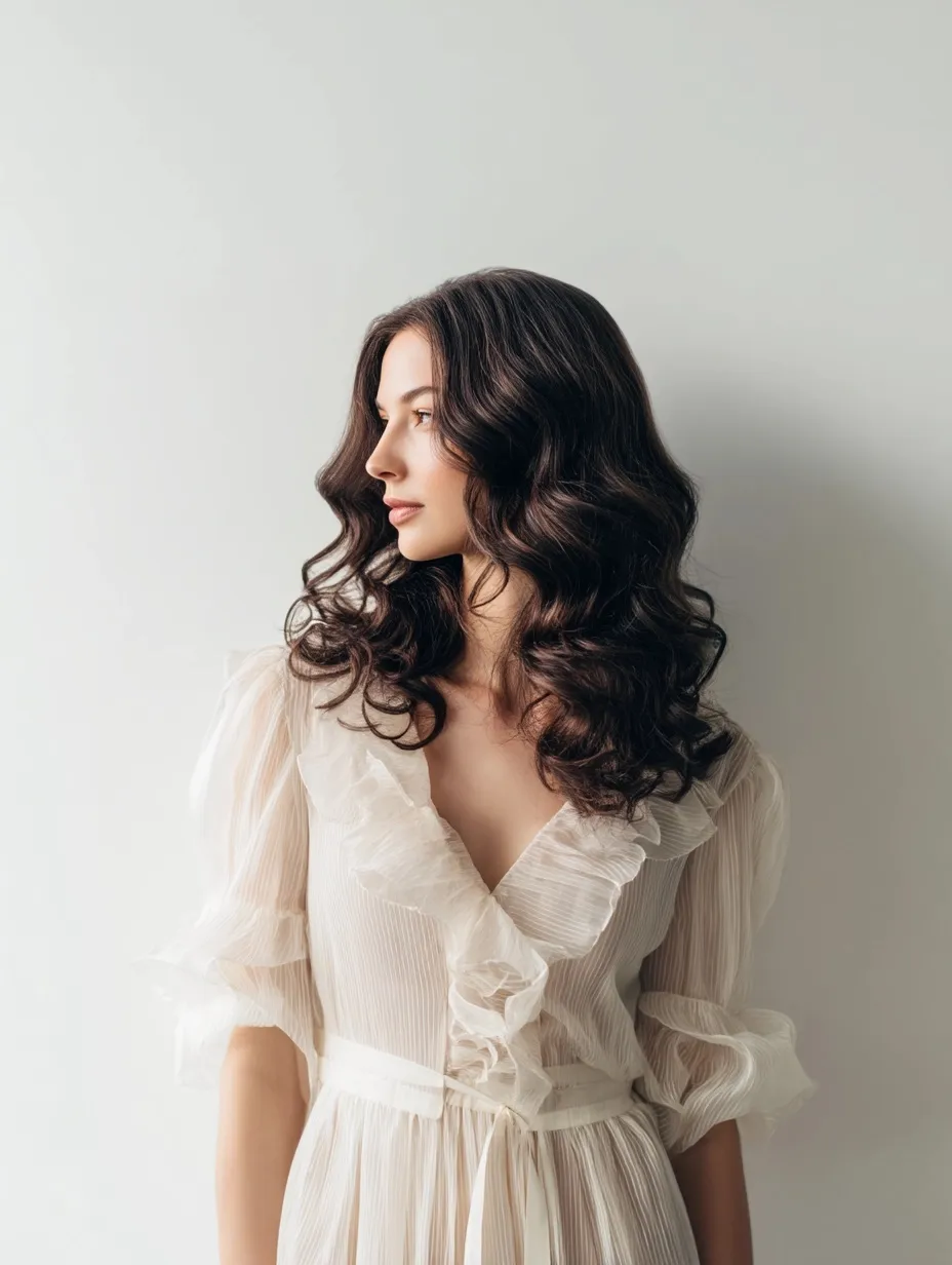 A 40-year-old model with elegant dark wavy curls wearing boho clothing against a clean, minimalistic white background.