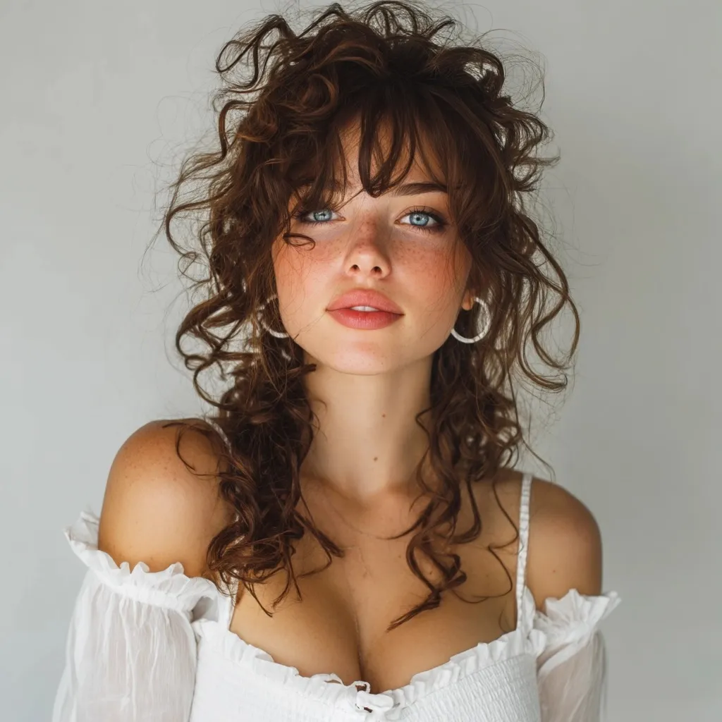 Beautiful woman with long curly hair wearing a white dress, perfect for a romantic date night hairstyle look.