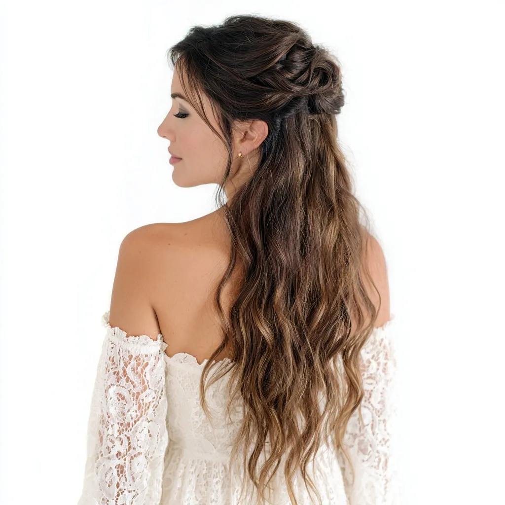 Back view of woman with elegant wavy curls and half-up hairstyle wearing a boho lace off-shoulder dress.