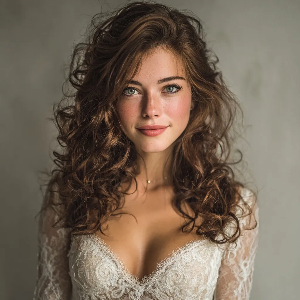 A beautiful bride with brown curly hair looking at the camera for a romantic date night hairstyle portrait.