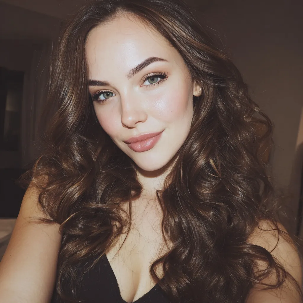 A close-up selfie of a Slavic woman with brown curly hair and flawless makeup for a date night hairstyle.