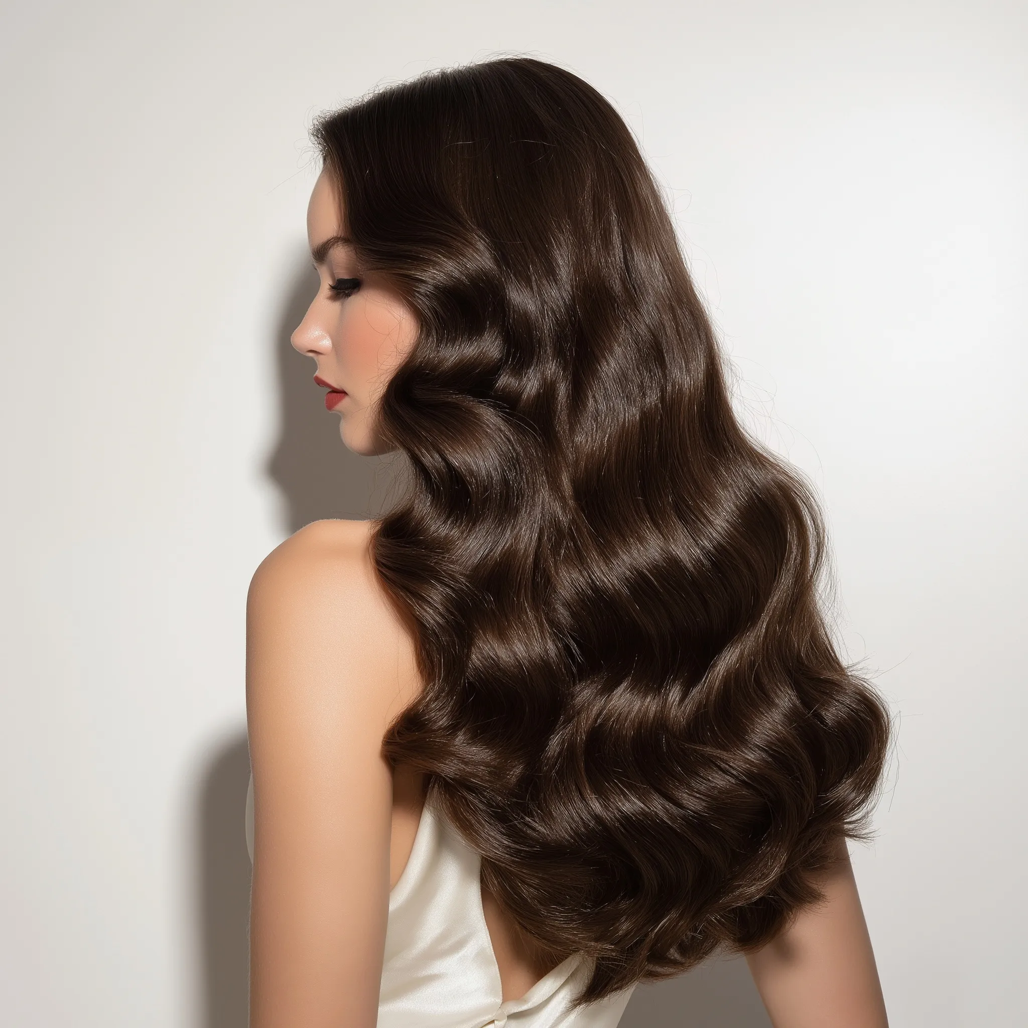 Brunette hair styled in voluminous Hollywood waves for a luxurious, shiny date night hairstyle.