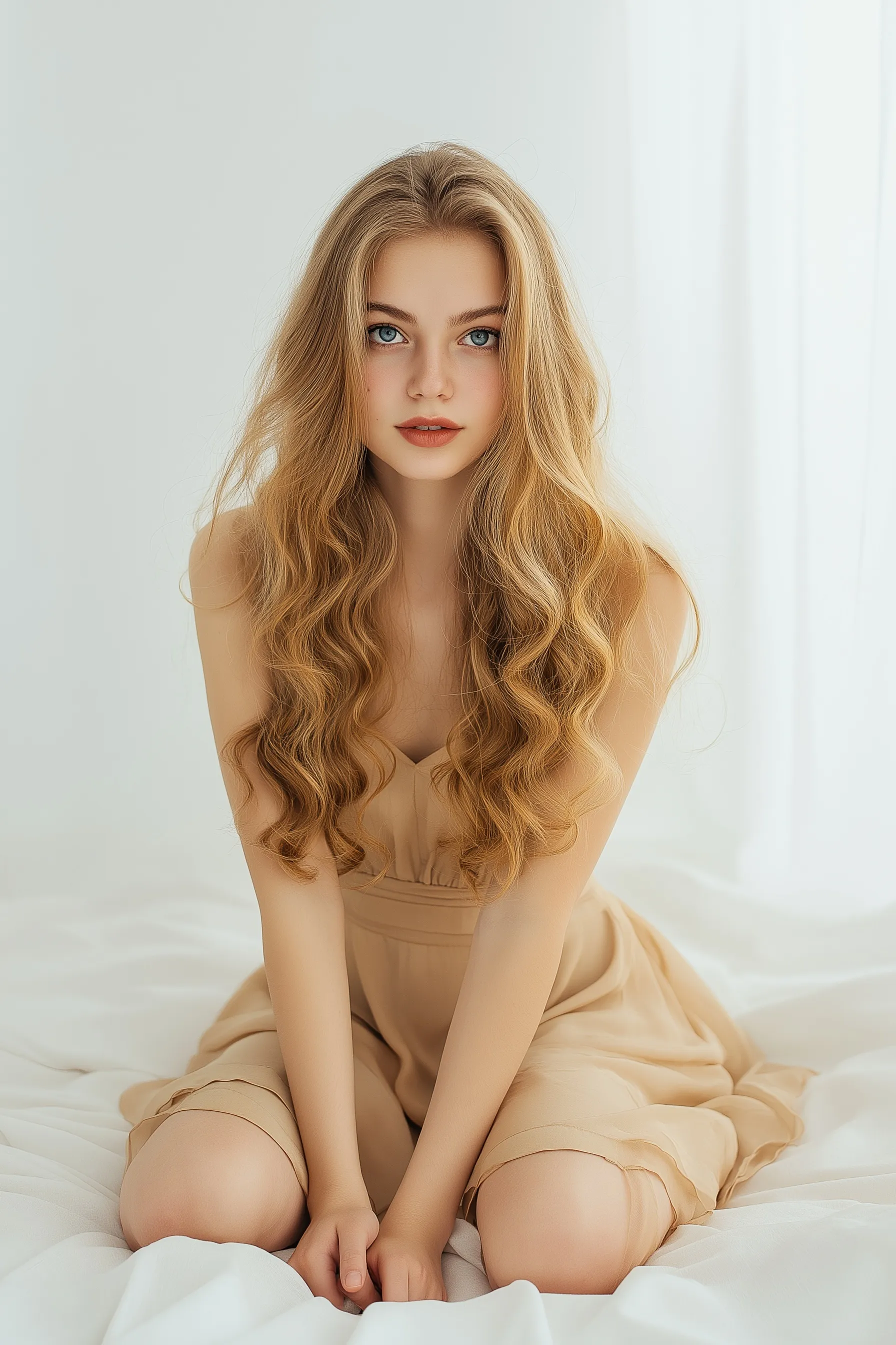 A beautiful 25-year-old woman with long golden curls and blue eyes sitting on white sheets for a date night.
