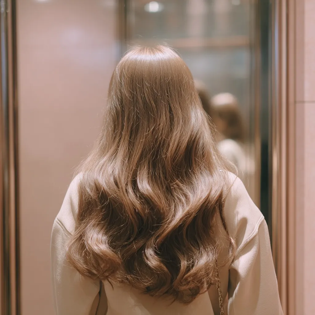 Back view of a woman with glossy, long wavy milk tea beige hair styled for a date night, reflected in a mirror.