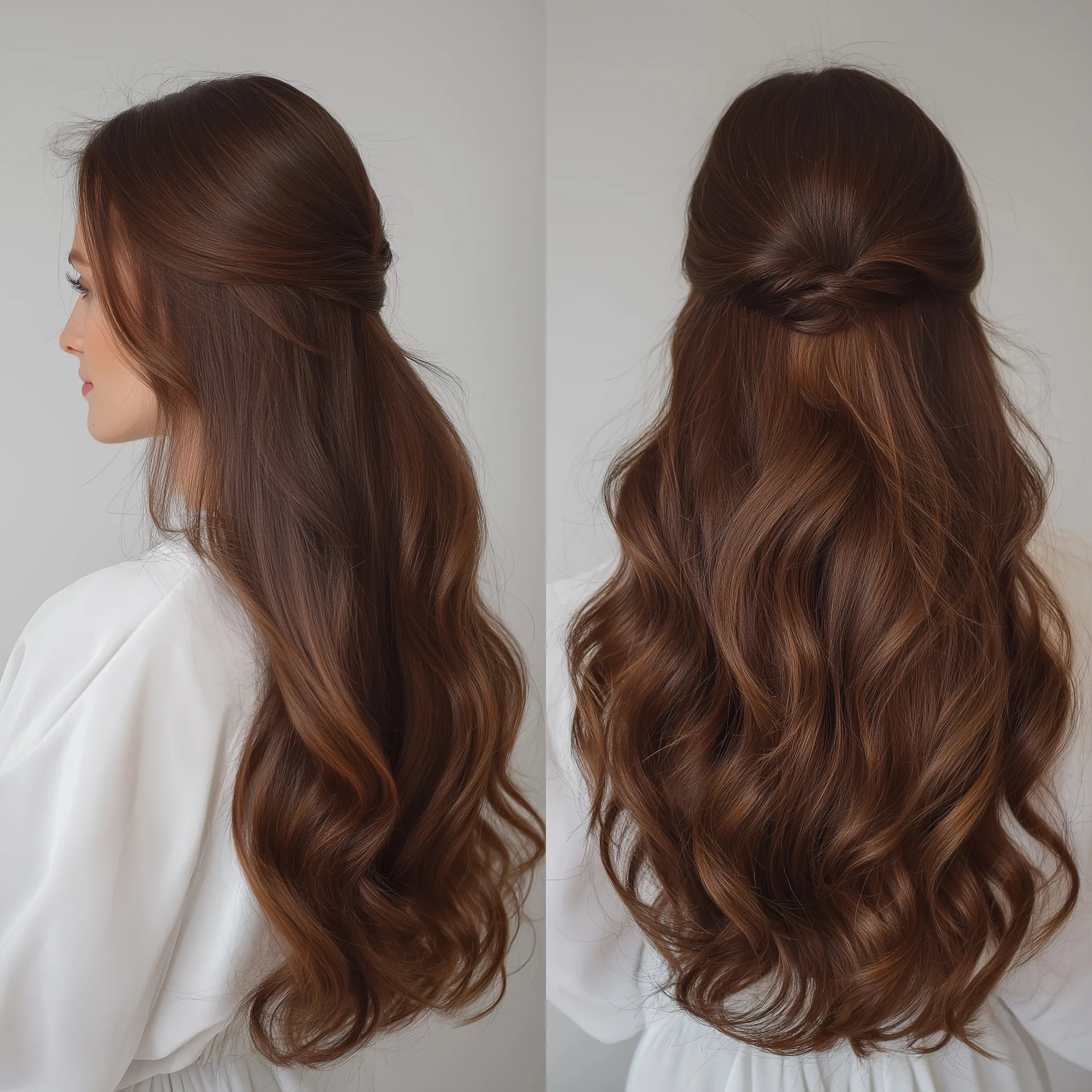 Back view of long brown hair with blonde highlights styled in soft, natural curls for a romantic date night look.