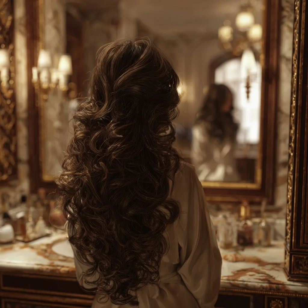 A woman with voluminous, elegant curls in a luxury bathroom mirror, captured in high-resolution, realistic detail.