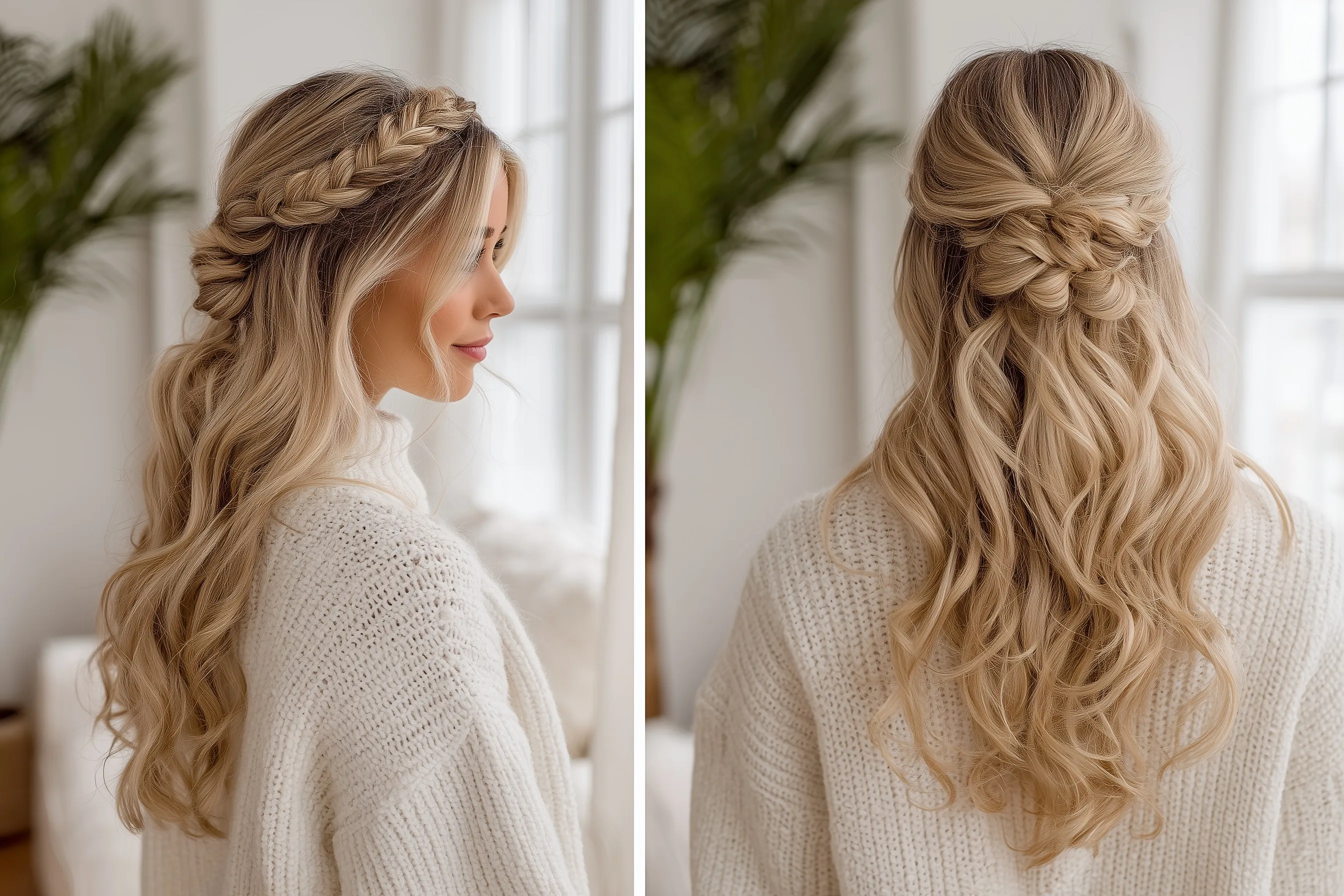 Two blonde models with elegant half-up half-down braided and twisted hairstyles for a romantic date night look.