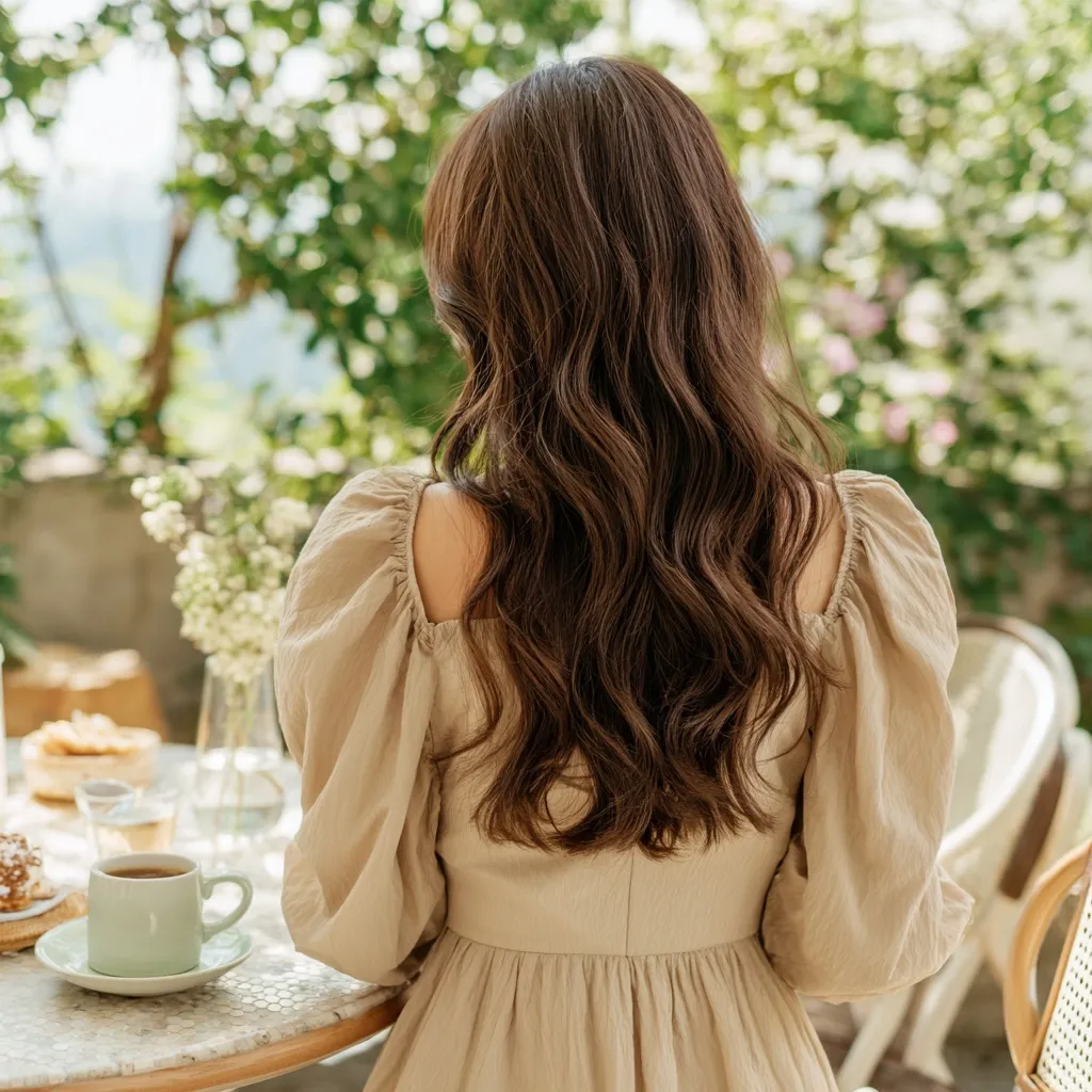 Back view of a Japanese woman with lustrous brown wavy hair wearing a beige dress at an outdoor cafe.