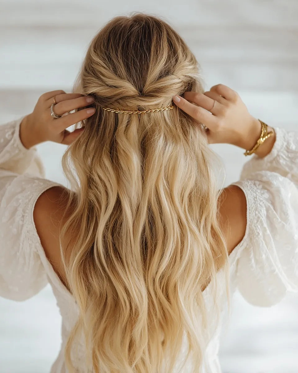 A woman with long blonde wavy hair in a half-up style with a gold barrette, viewed from behind against white.