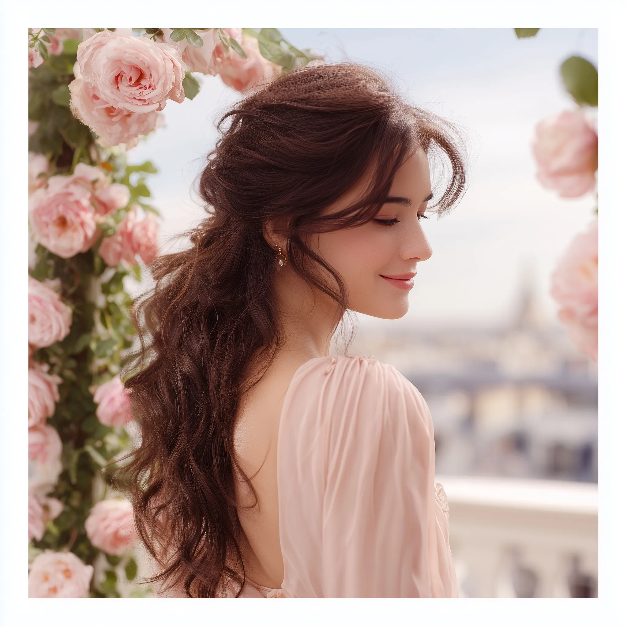 Elegant woman with long wavy brown hair and romantic curls on a Paris rooftop at sunset with pastel pink roses.