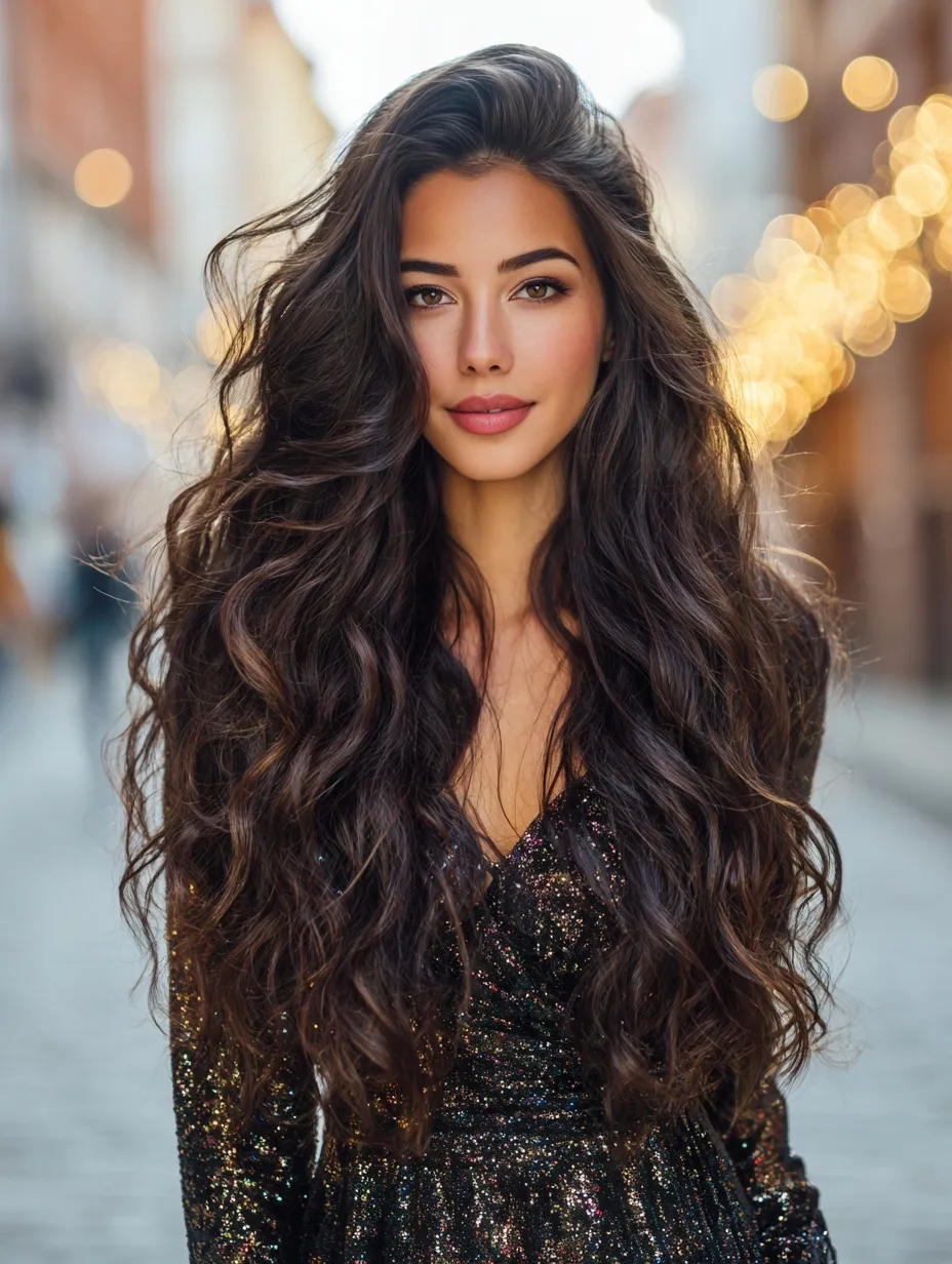 Glamorous woman with long, voluminous water wave curls and black hair with highlights in a stylish street setting.