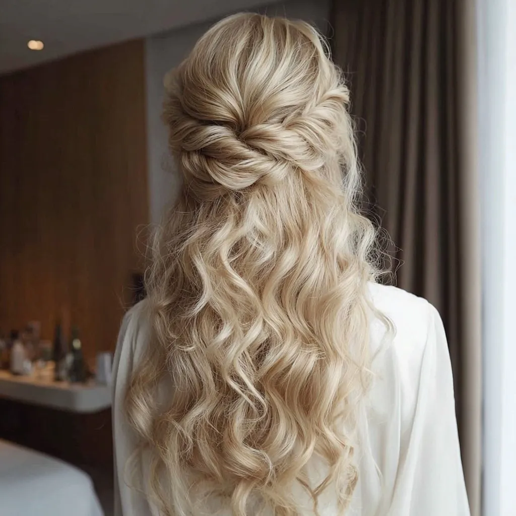 Blonde half-up hairstyle with loose romantic curls, perfect for a wedding or elegant date night.