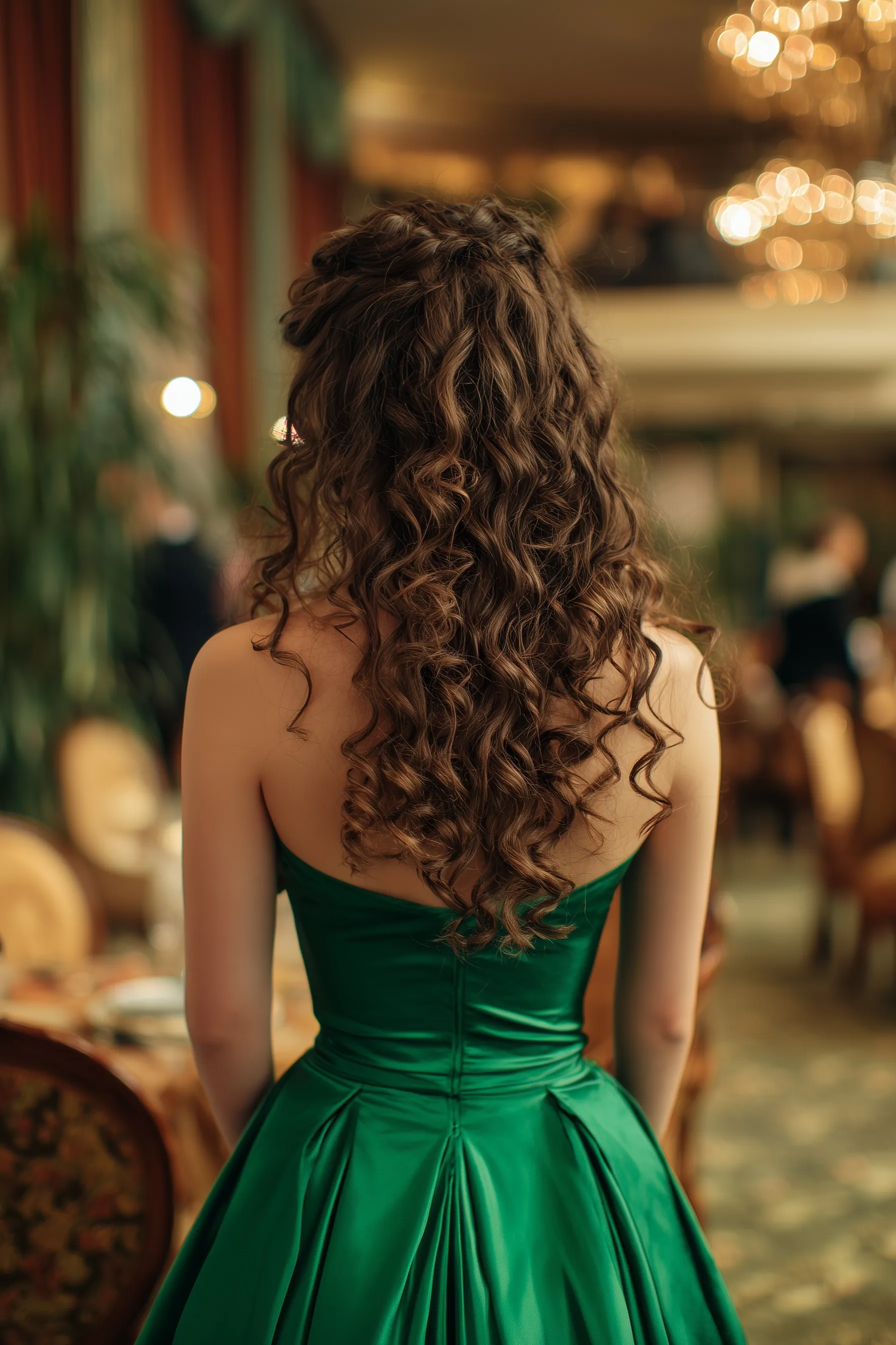 A woman with long curly brown hair wearing an emerald green dress in a ballroom, viewed from behind.