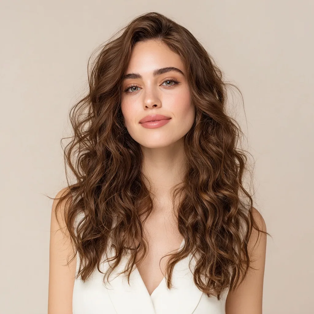 A young woman with shiny brown curly hair wearing a white dress, shot against a minimalist beige studio background.
