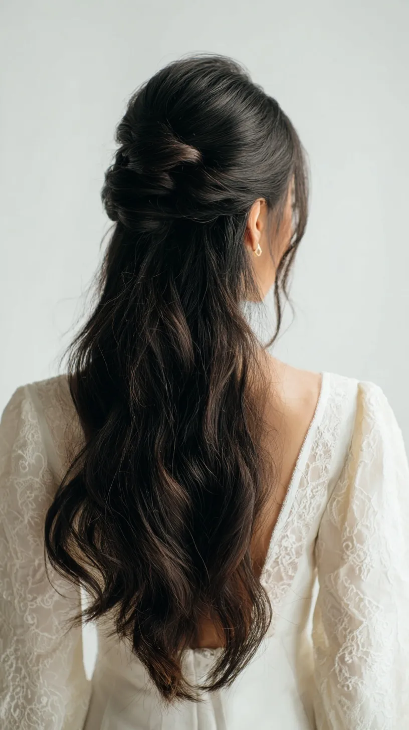 Back view of elegant half-up hairstyle with loose curls on long black hair against a clean white background.
