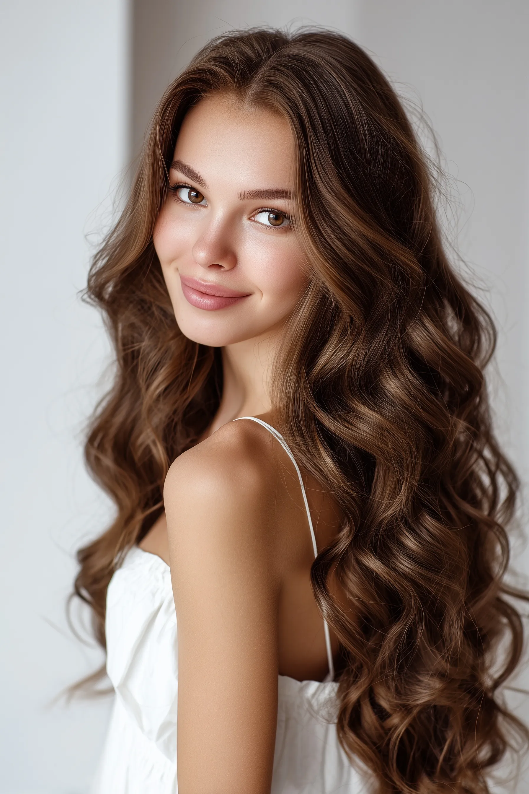 A beautiful young woman with thick, healthy wavy brown curls in a white sundress, styled for a luxury beauty ad.