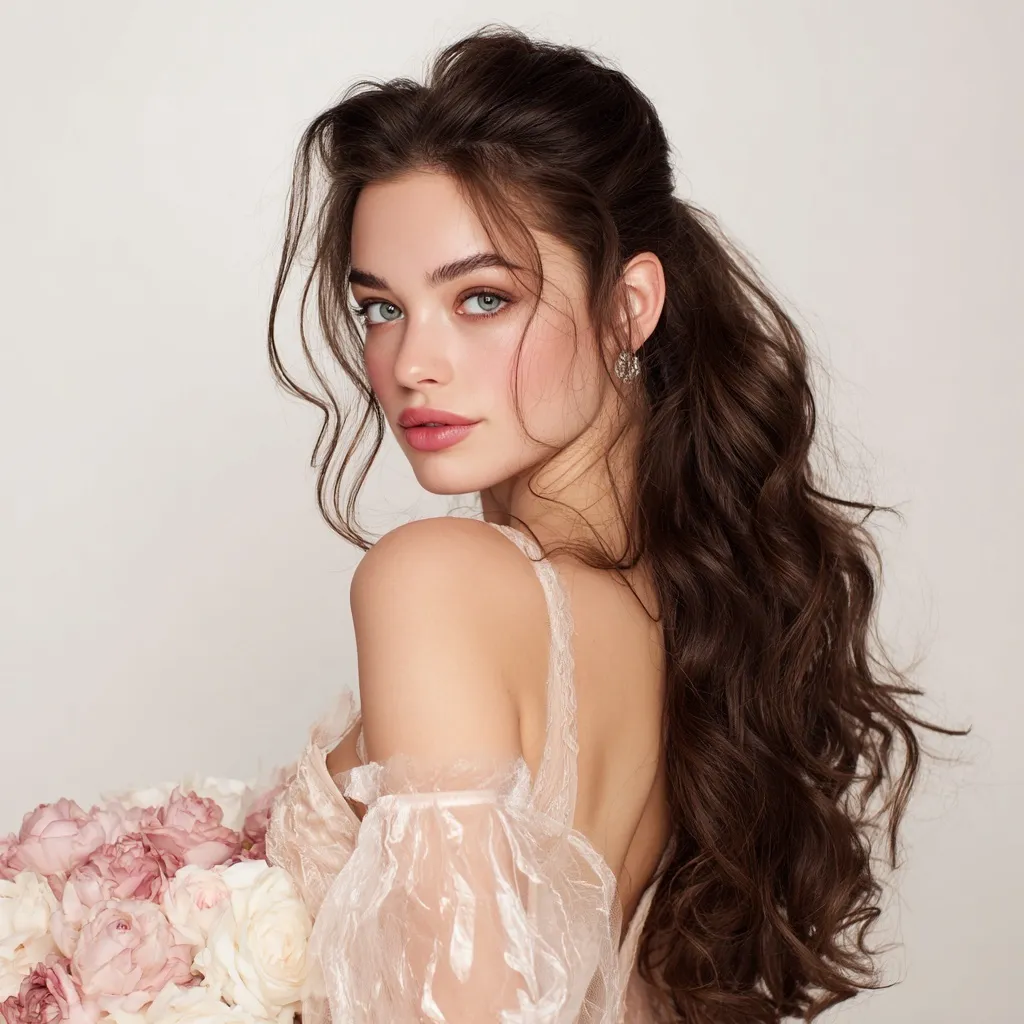 A beautiful 25-year-old woman with long, shiny dark brown wavy curls looking back while holding flowers.