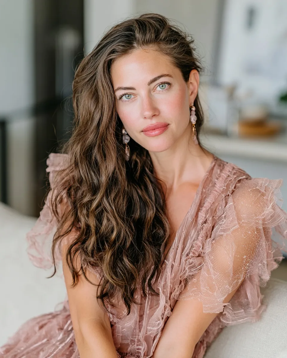 Stylish woman with long wavy brown hair and boho dress posing in a bright modern living room for date night.