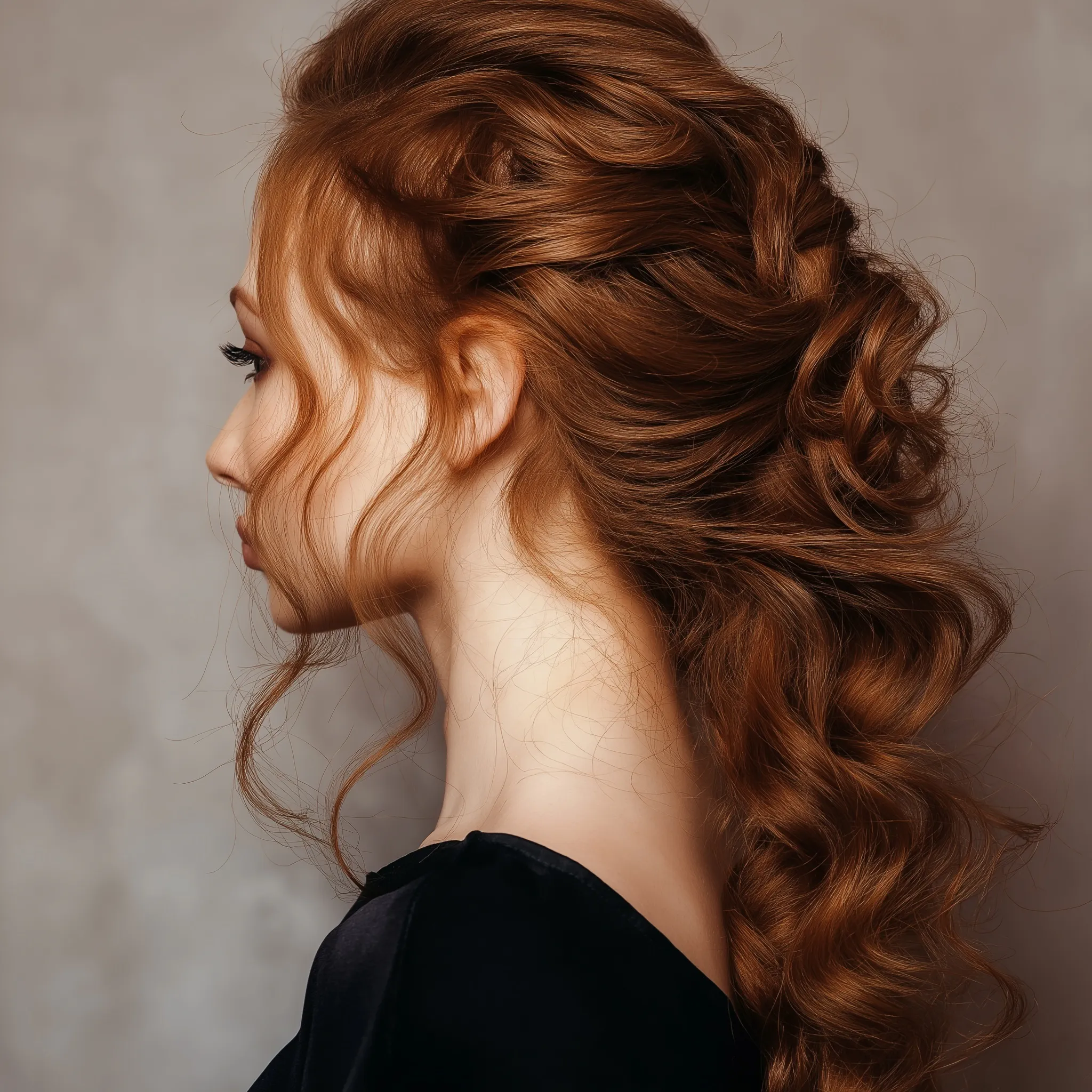 A side-profile close-up of a woman with glamorous, ultra-realistic curls for a romantic date night hairstyle.