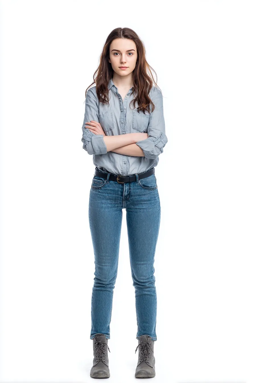 Full length portrait of a young brunette woman in casual denim clothing isolated on a white background.
