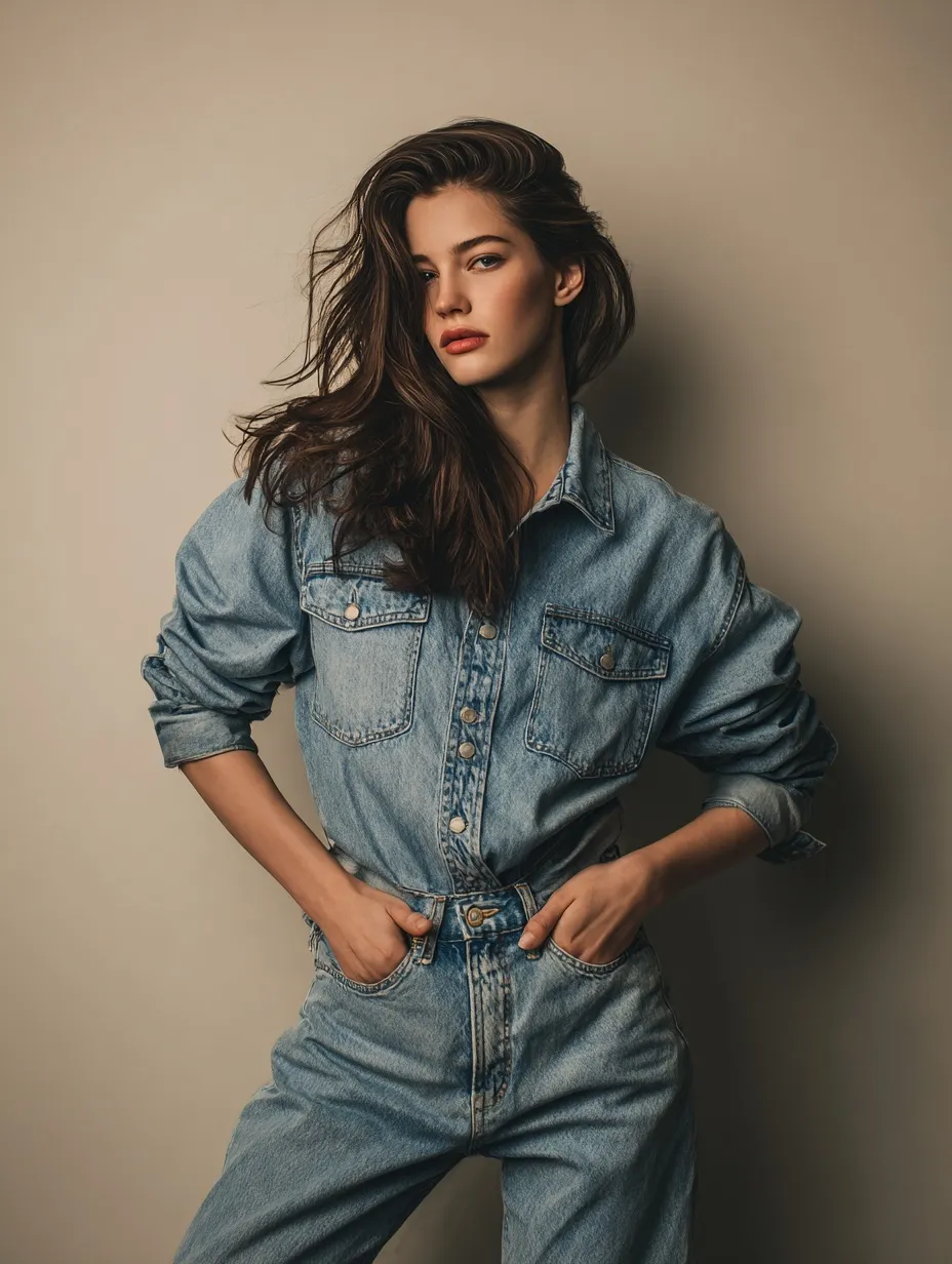Fashion model posing in a modern denim outfit against a beige background with professional side lighting.