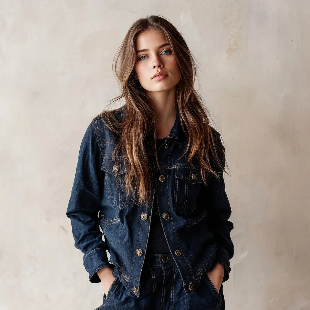 A 30-something European woman in a dark blue denim jacket and matching pants posing against a vintage background.