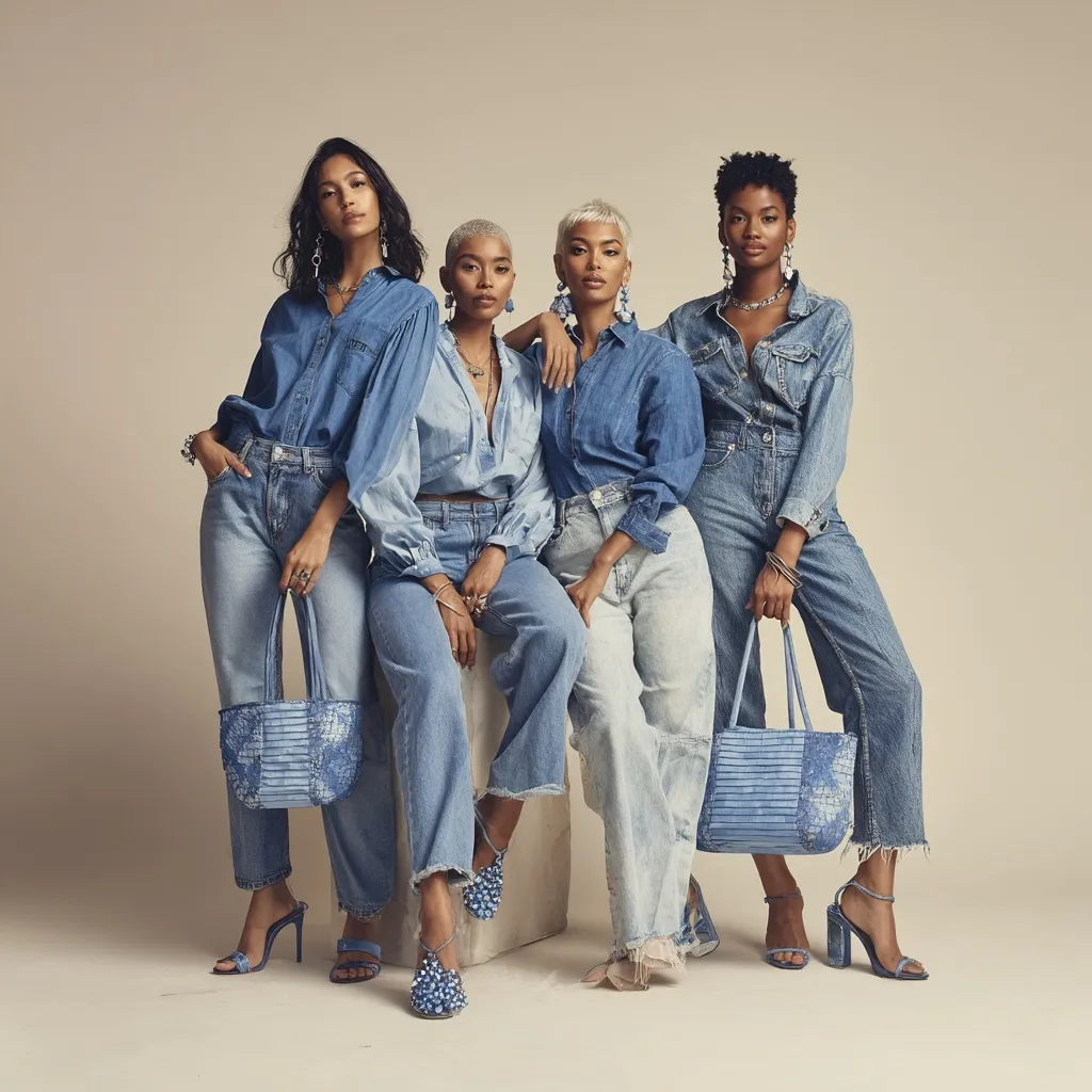 Diverse models in luxury denim fashion, wearing denim earrings, heels, and carrying designer denim tote purses.