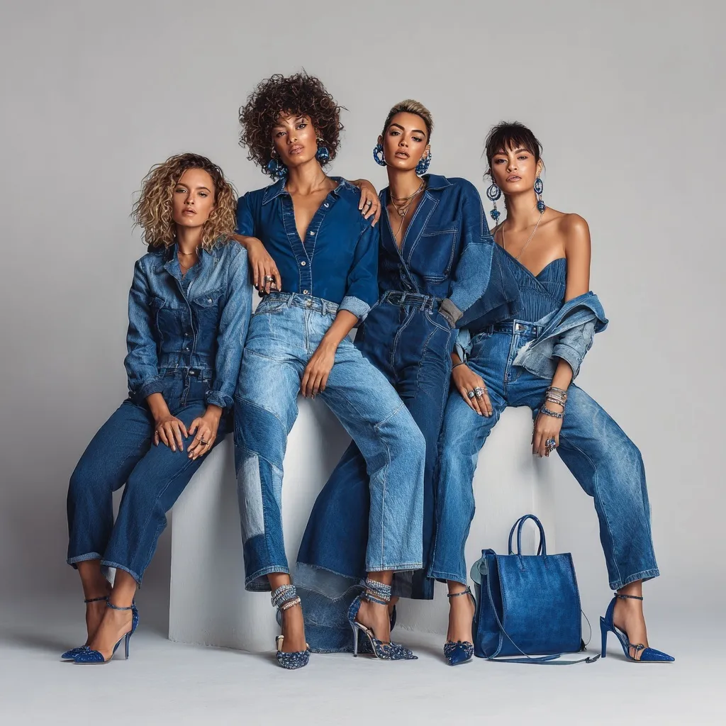 Diverse women in luxury denim fashion wearing denim earrings, heels, and carrying tote bags.