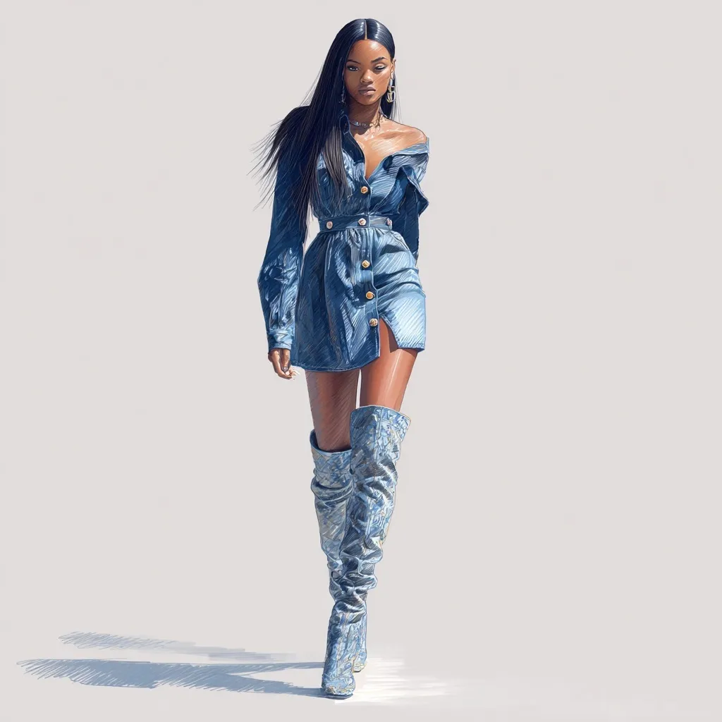 Black runway model in a vintage denim mini dress and matching denim boots walking on a minimalist fashion stage.
